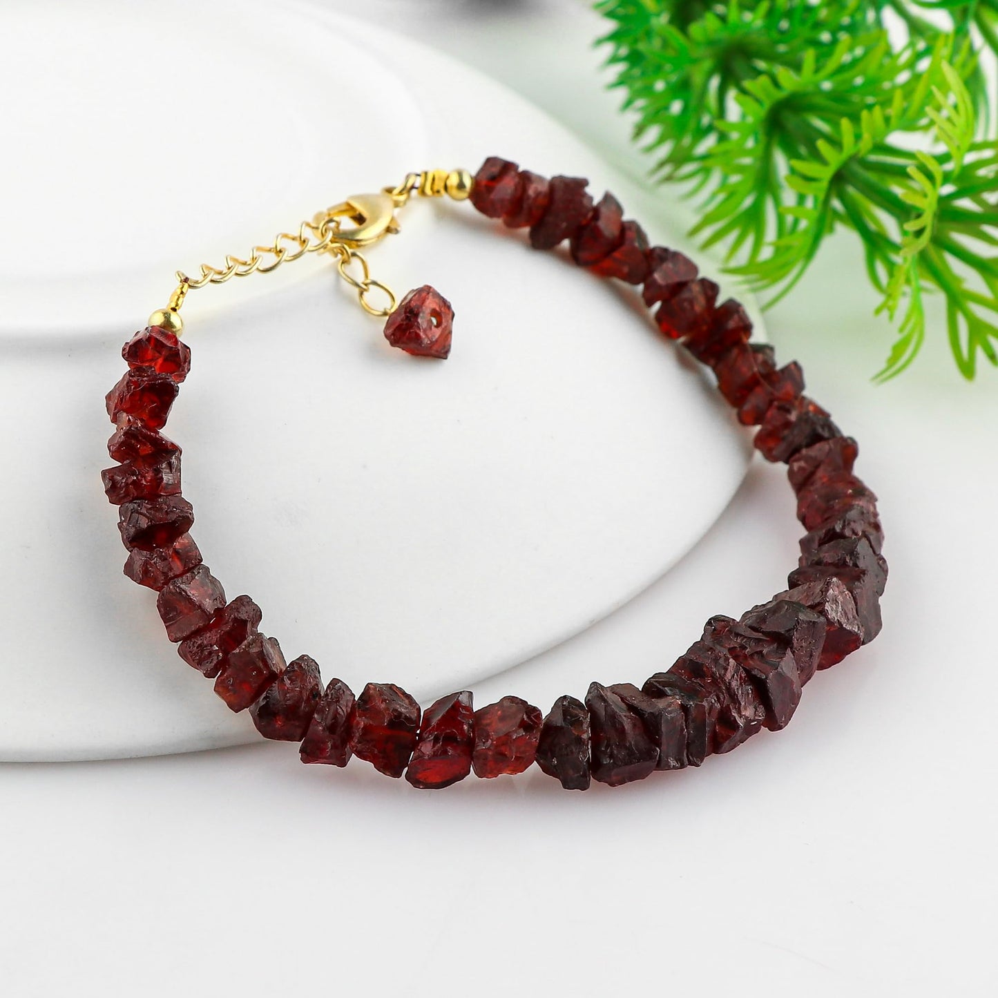 CRYSTALINES Natural Raw Red Garnet Gemstone Bracelet, Rough Stones, Handmade Bohemian Jewelry, Chakra Healing Crystals, 14K Gold Plated, January Birthstone, Christmas Gift (Size-7+1inch)