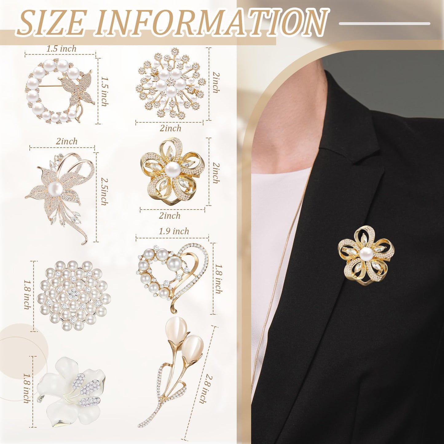 Ecally 8 Pcs Flower Brooch Pins for Women, Crystal Pearl Brooch and Pins for Dress, Coat, Shawl – Gift for Mother，Wedding (Groovy)