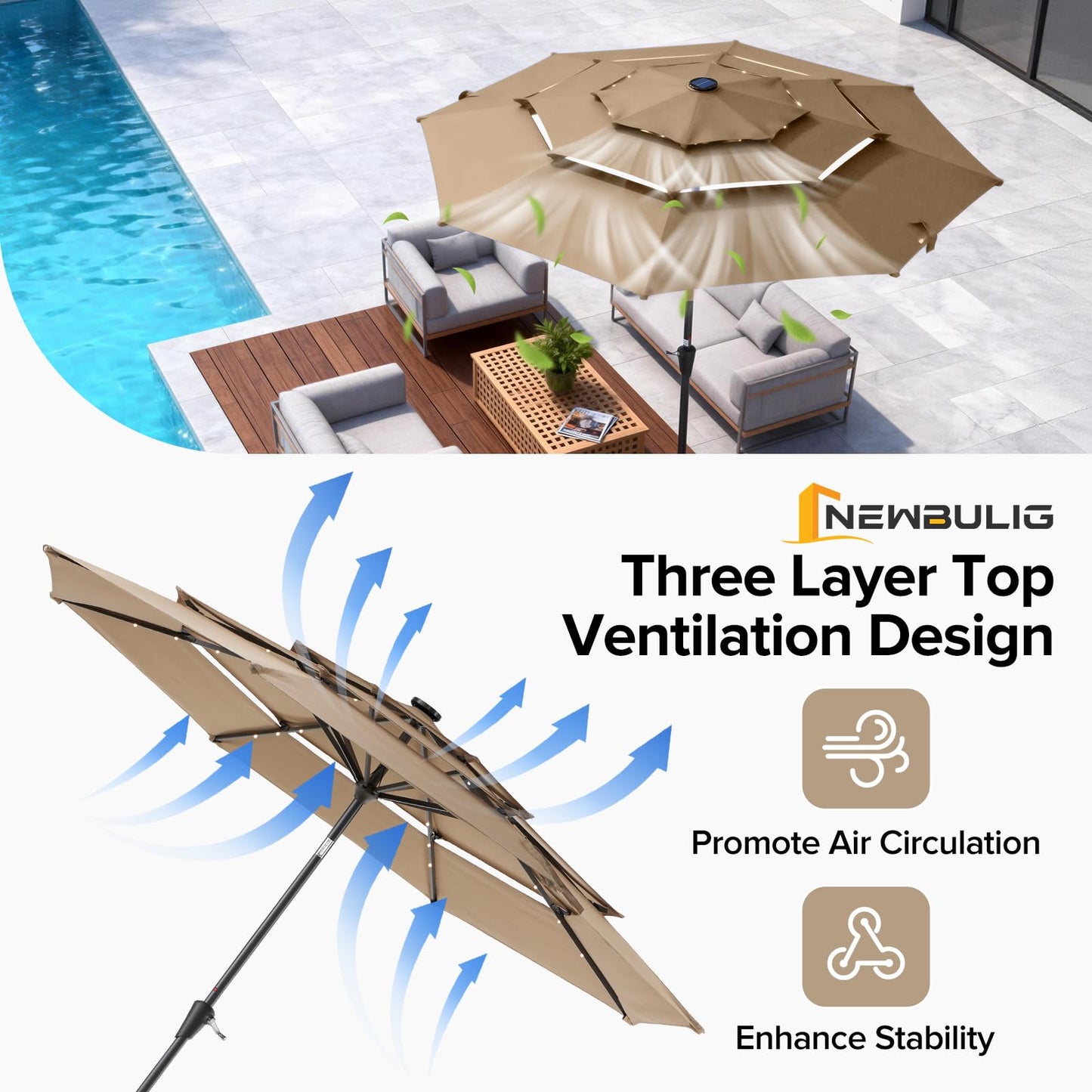 NEWBULIG 10FT 3 Tiers Solar LED Lights Patio Umbrella, Outdoor Umbrella Adjustable Angles and Height, UV Resistant, for Day, Night, Shading, Camping, pool and Patio