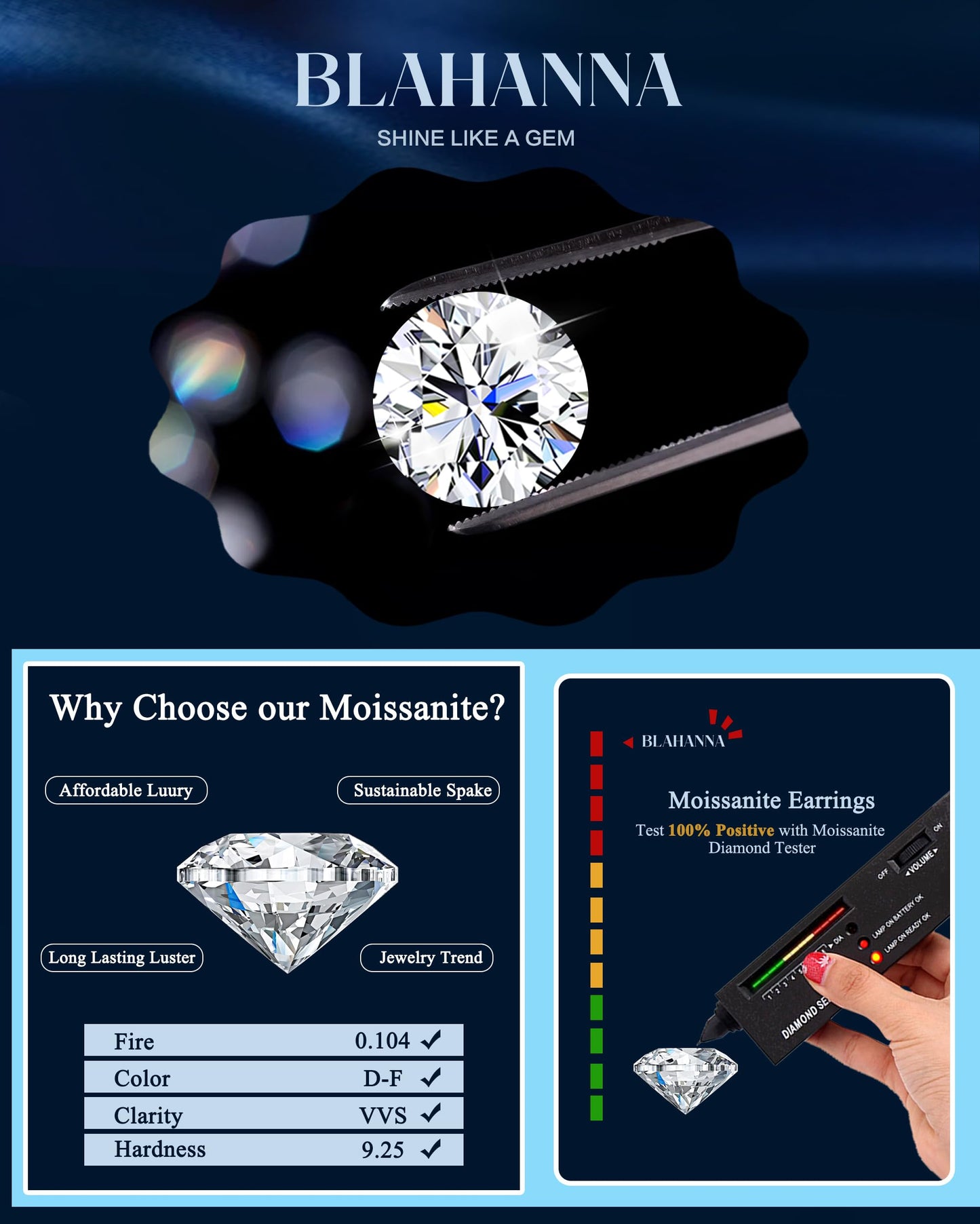 Blahanna Moissanite Earrings,1.0ct-2.0ct D Color Brilliant Round Cut Earrings S925 Sterling Silver Dangle Earrings Moissanite Leverback Drop Earring gold 6.5mm