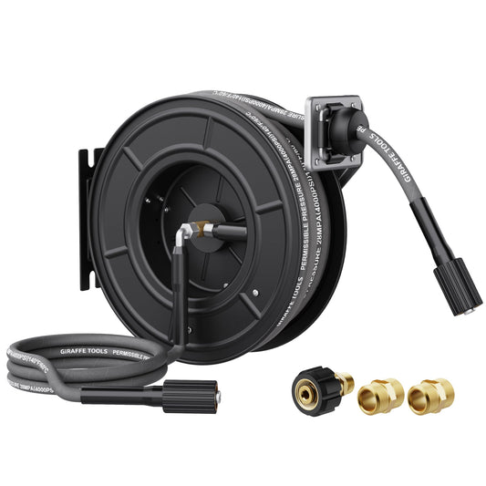 Giraffe Tools Pressure Washer Hose Reel 60ft, Power Washer Hose Reel, Pressure Washer Retractable Hose Reel, Heavy Duty, Wall/Floor Mounted, 4000 PSI, Dark Silver