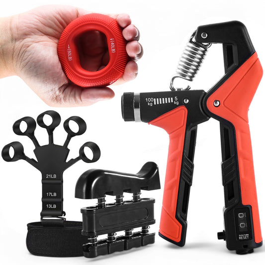 Grip Strength Trainer Kit, 4 Pack Hand Gripper Strengthener with Adjustable Resistance (5-100kg), Forearm Exerciser, Finger Strengthener & Stress Relief Ball for Muscle Building & Injury Recovery