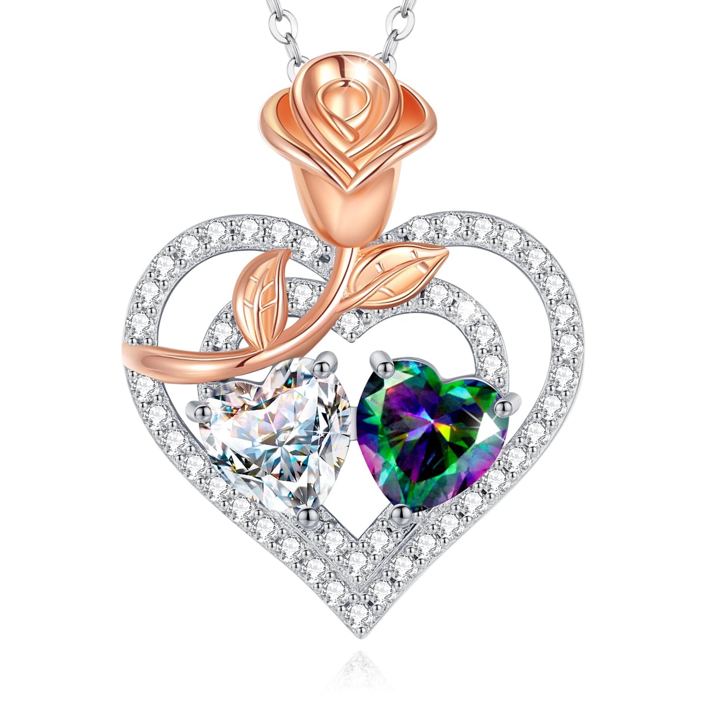 AGVANA April June Birthstone Jewelry CZ Alexandrite Necklace Sterling Silver Rose Flower Heart Double Birthstone Pendant Necklace Anniversary Birthday Gifts for Women Mom Wife Lady Her