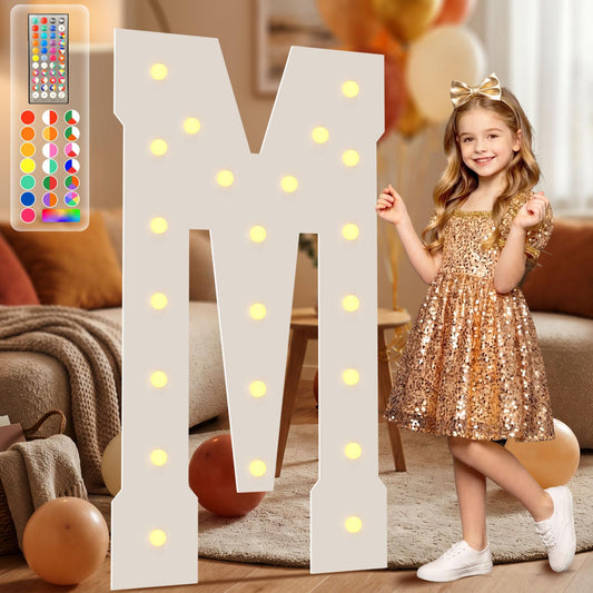 4FT Marquee Light Up Letters, 34 Colors Changing Marquee Letters M with Remote,Weighted Water Bag, Pre-Cut Foam Board Set Can Be Used for Birthday Party Wedding Event Baby Shower