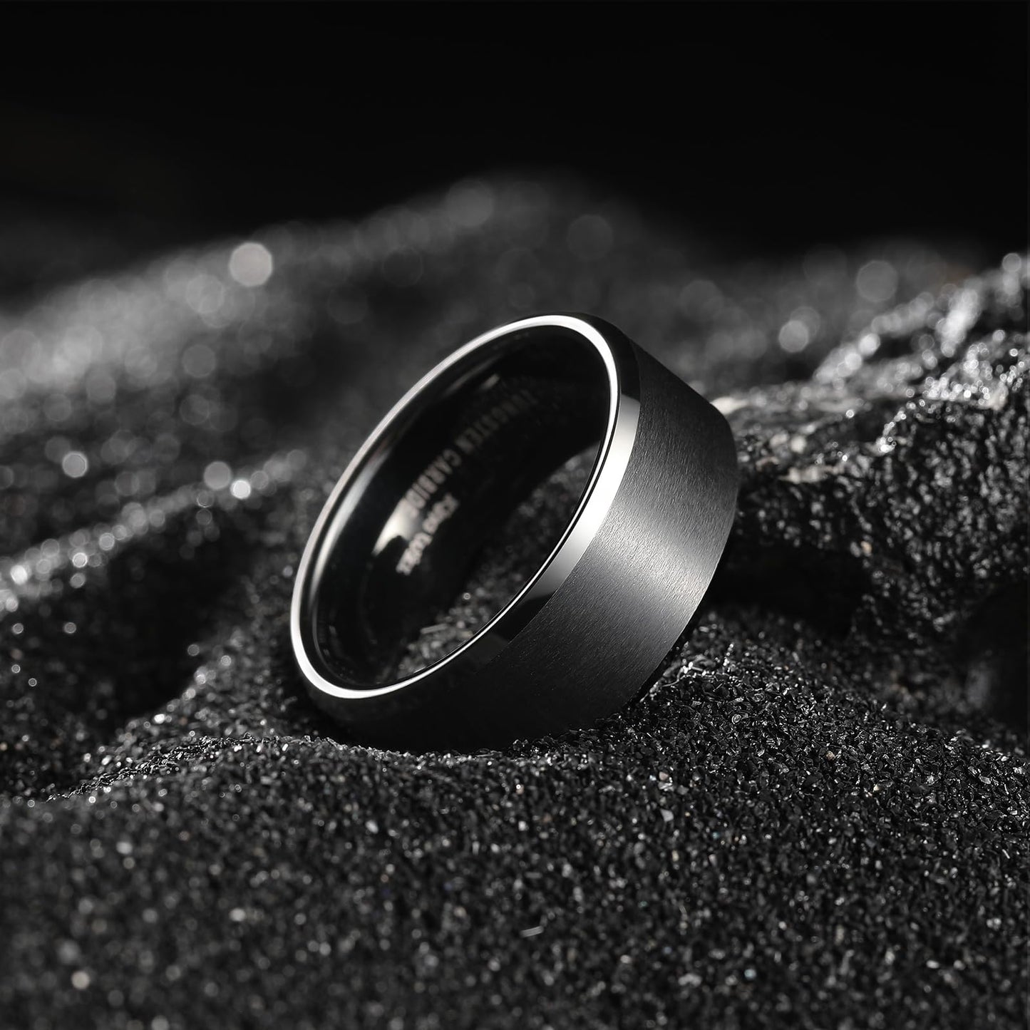 King Will 8mm Men's Black Wedding Ring - Brushed Matte Surface, Beveled Polished Edge, Comfort Fit Size 9