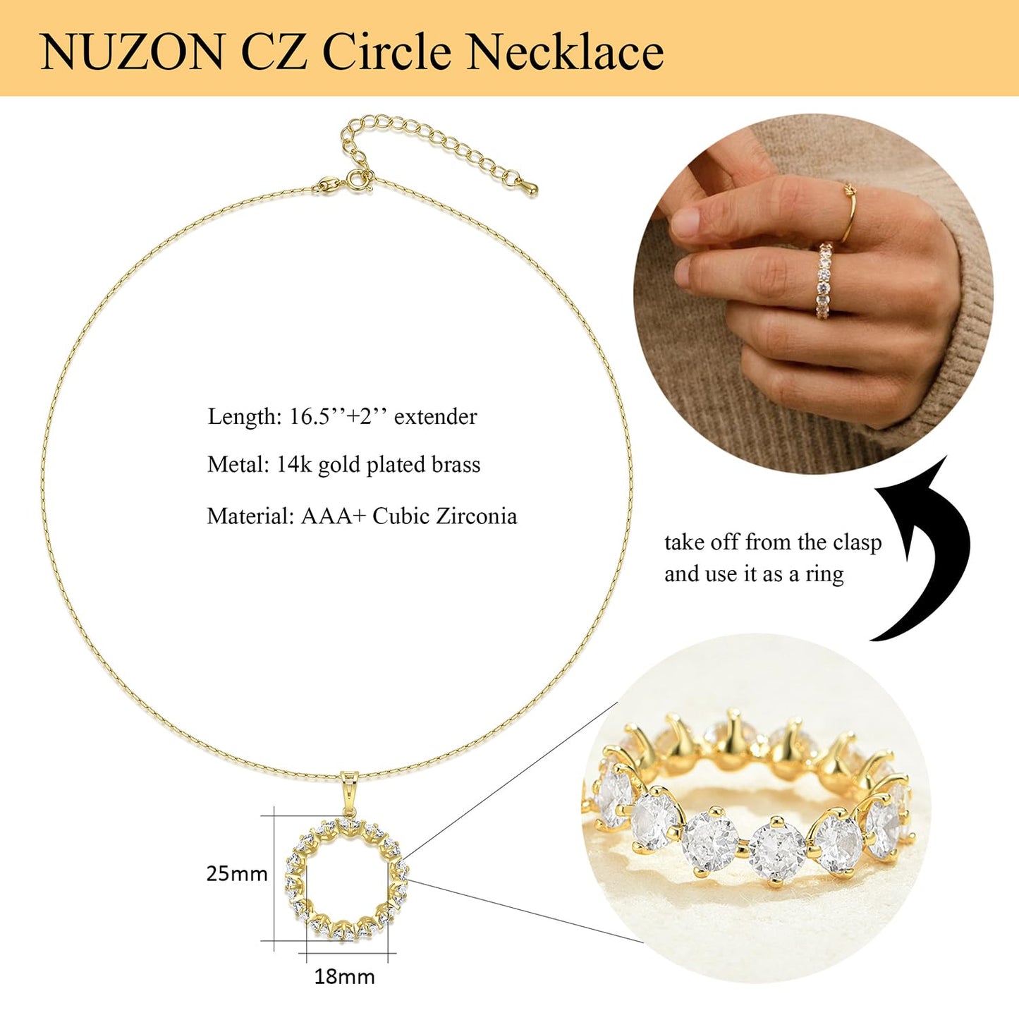 NUZON 18K Gold Plated Copper Circle Necklace for Women Cubic Zirconia Halo Open Eternity Circle Pendant Necklace Anniversary Jewelry for Her 16.5’’