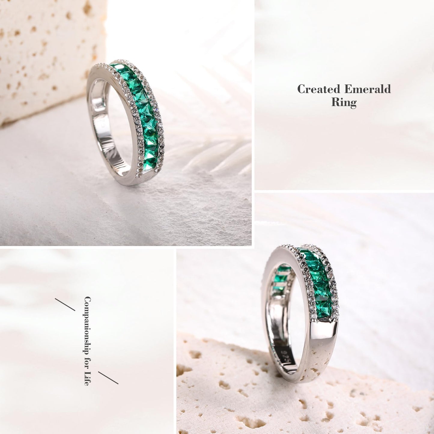 RANDES Channel Set Band Rings for Women Men Emerald Eternity Bands Sterling Silver 5mm Thick Wedding Band May Birthstone Ring Size 10
