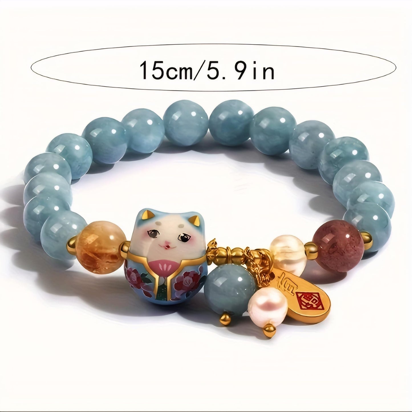 Lucky Cat Bracelet with Blue Crystal, Ceramic Cat Pendant, Feng Shui Good Luck Jewelry for Women, Wealth & Protection Bracelet