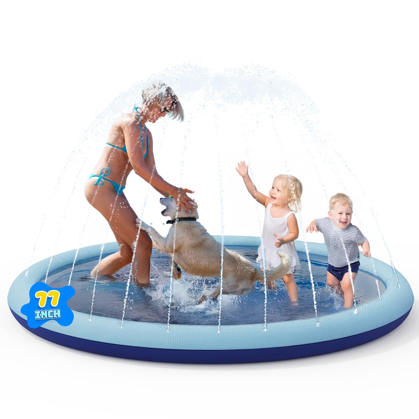 COMMOUDS Splash Pad for Kids and Dogs, Non-Slip Sprinkler Pad Thicken Pool Summer Outdoor Water Toys, Backyard Fountain Play Mat for Baby Toddlers Boys Girls Pet(77Inch)