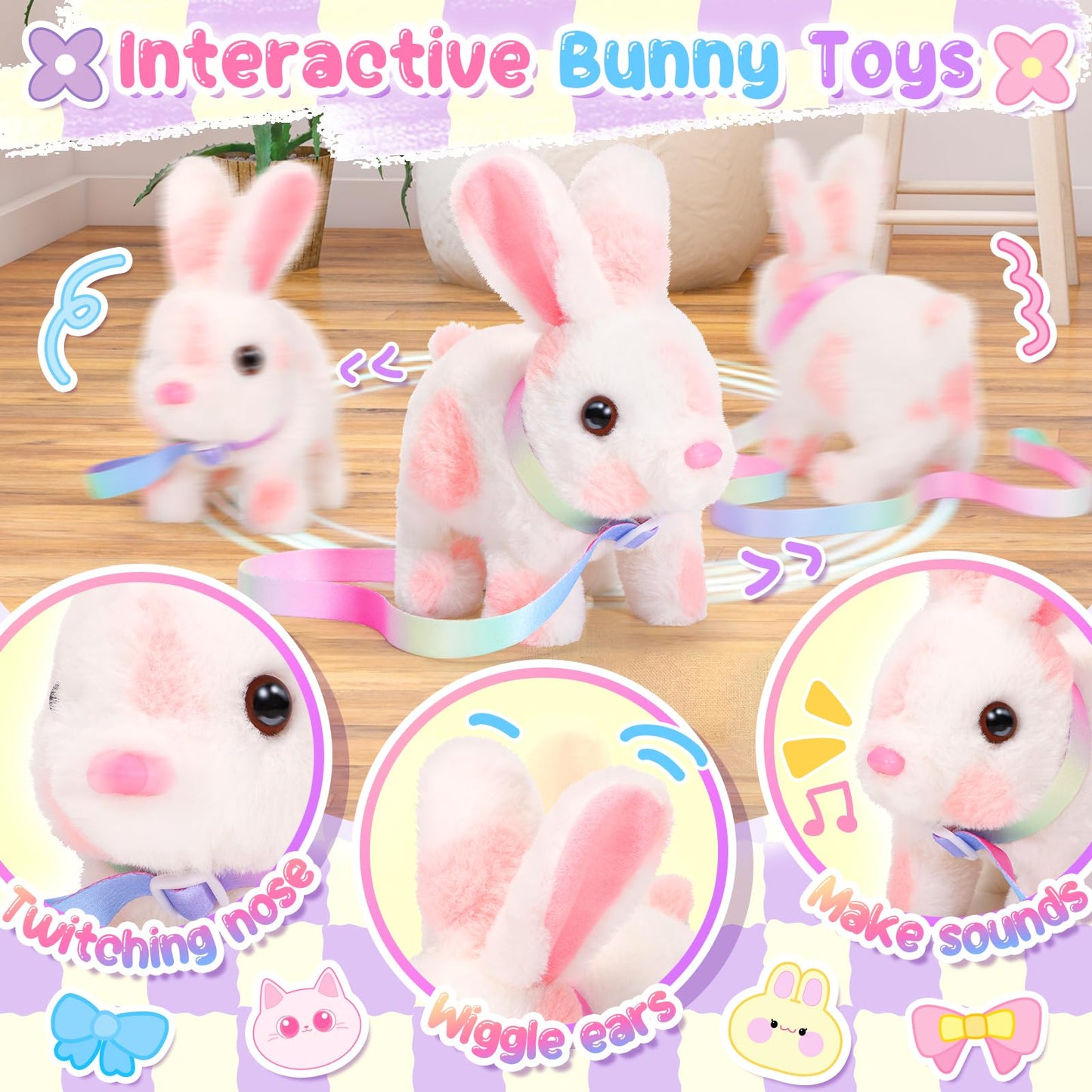 NINAOR Easter Hopping Bunny Toy for Kids with Crossbody Bags, Interactive Wiggle Ears Rabbit Toy for Girls Trip Pretend Play Robot Pet Care Cute Stuff Plushies Birthday Gifts Easter Basket Stuffers