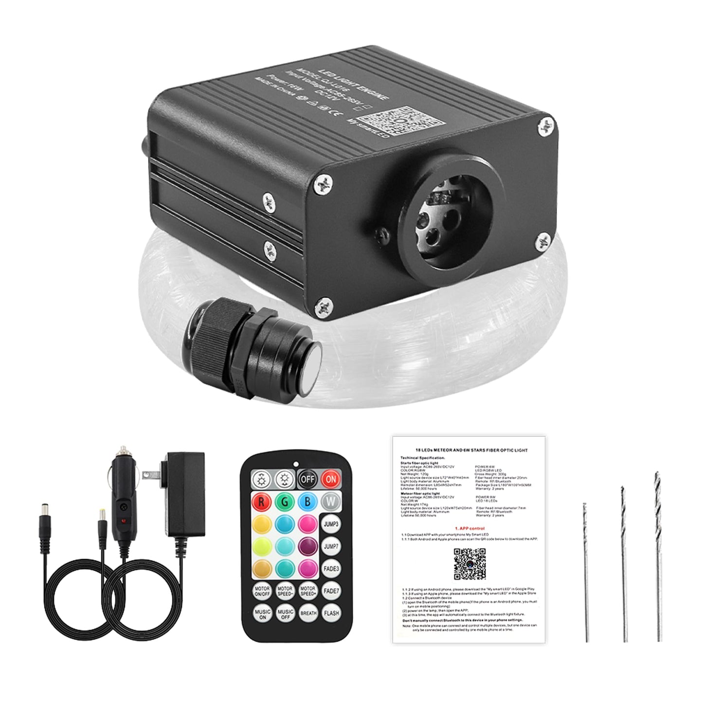 ATOKEE 16W Twinkle 650pcs Starlight Headliner Kit, 0.03in 13.1ft Fiber Strands Small Size Star Lights for Car Roof with Remote Control/Bluetooth APP