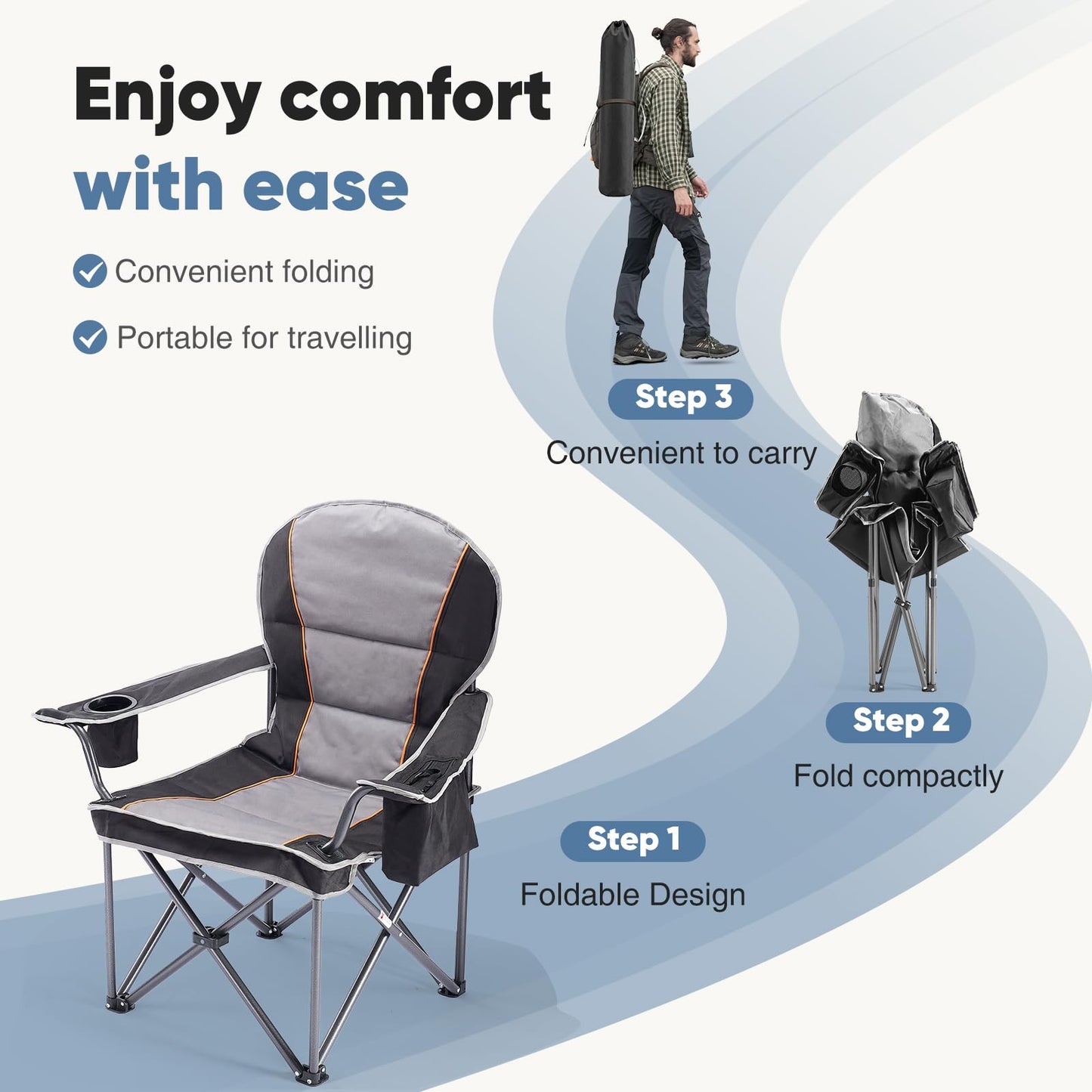 DUMOS Oversized Camping Chair for Adults, Heavy Duty 500 LBS Support Folding Outdoor Chair with Side Cooler Bag, Cup Holder, for Camp Beach Garden, Back Bag, Thicken 300D Oxford, Black