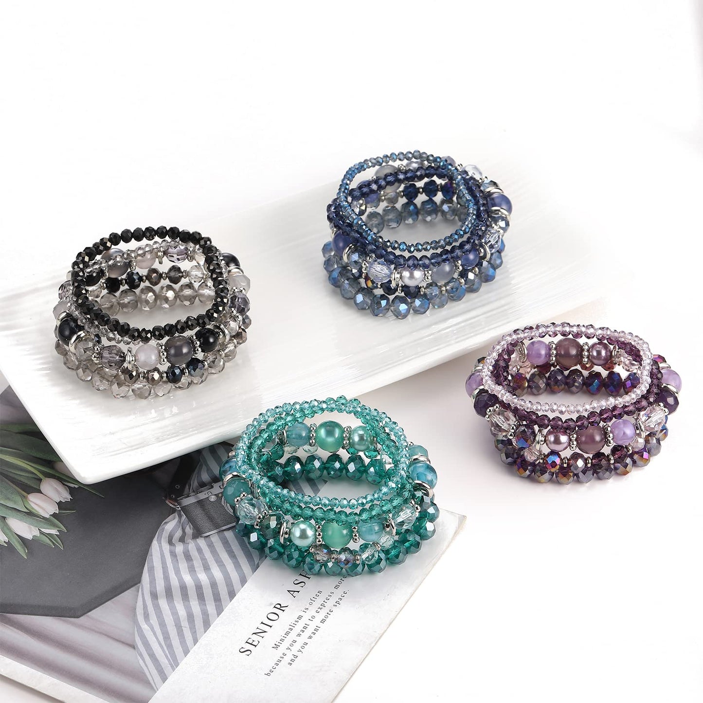 Noessla Beaded Boho Stretch Bracelet Colorful Stackable Crystal Beads Bracelets Trendy Costume Jewelry Mothers Day Gifts for Women(21-Purple)