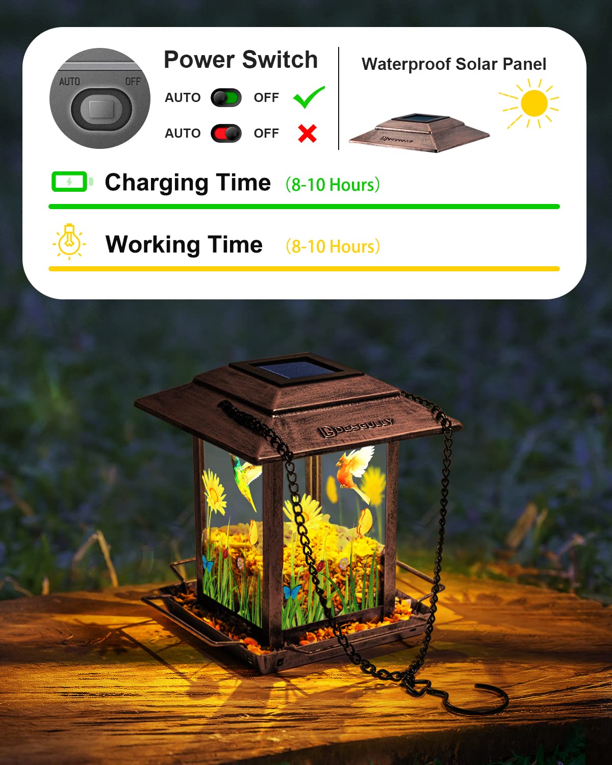 DesGully Solar Bird Feeders for Outdoors - 2.5 LBs Metal Wild Large & Small Bird Feeder for Outside Hanging, Gift Ideas for Avian Enthusiast Garden Yard Seeds (Chew-Proof, Weather Resistance)