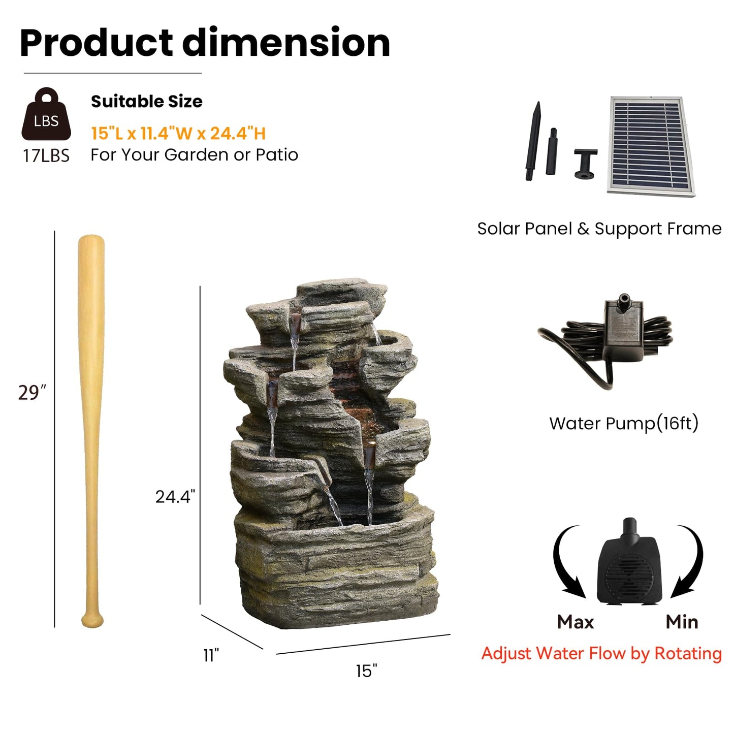 6-Tier Solar Water Fountain Outdoor, 24.4" H Cascading Rock Feature Garden Fountains and Waterfalls with Light, Pump, Solar Panel for The Patio, Deck, Porch, Backyard Home Décor, Stone Gray