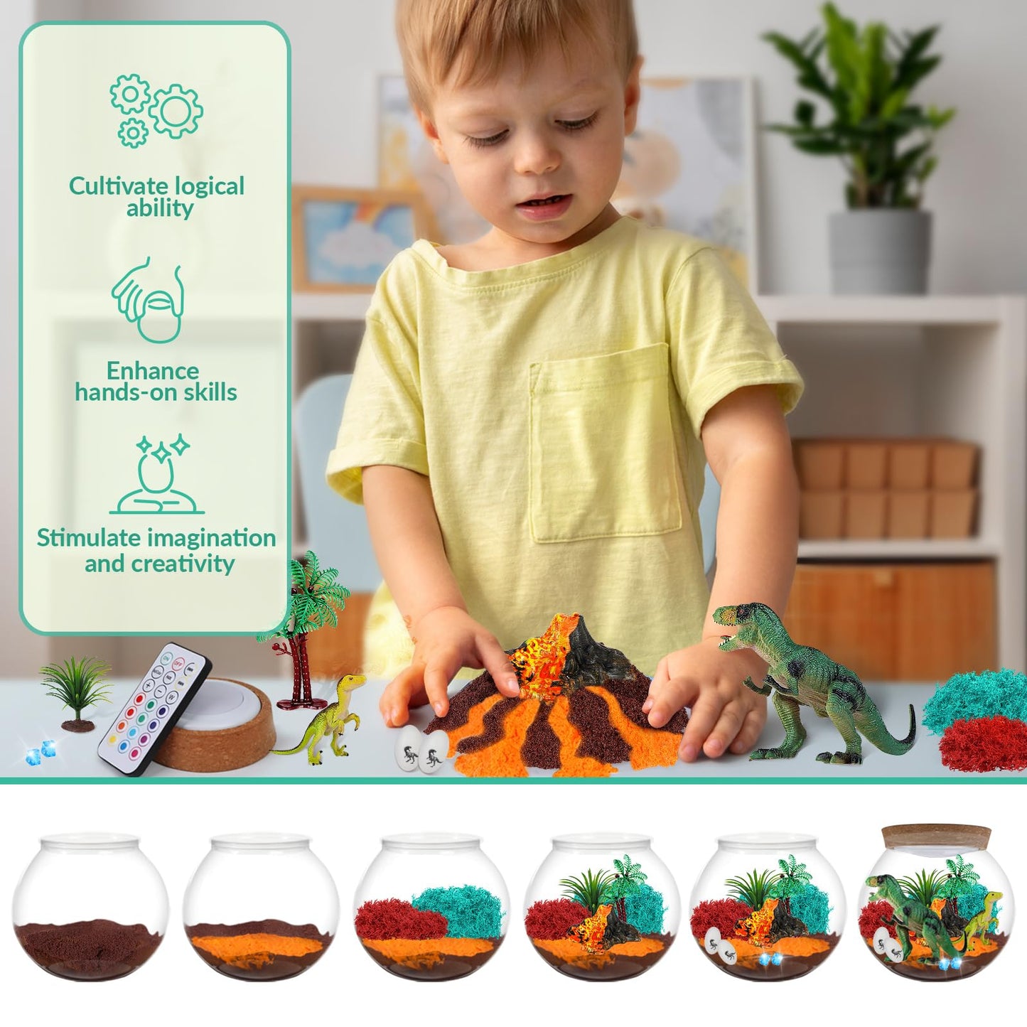 RONSTONE Dinosaur Terrarium Kit for Boys - Dinosaur Toys for Kids - DIY Your Own Light Up Terrarium Kit World - Christmas Birthday Dinosaur Gifts for Boys and Kids 5-7