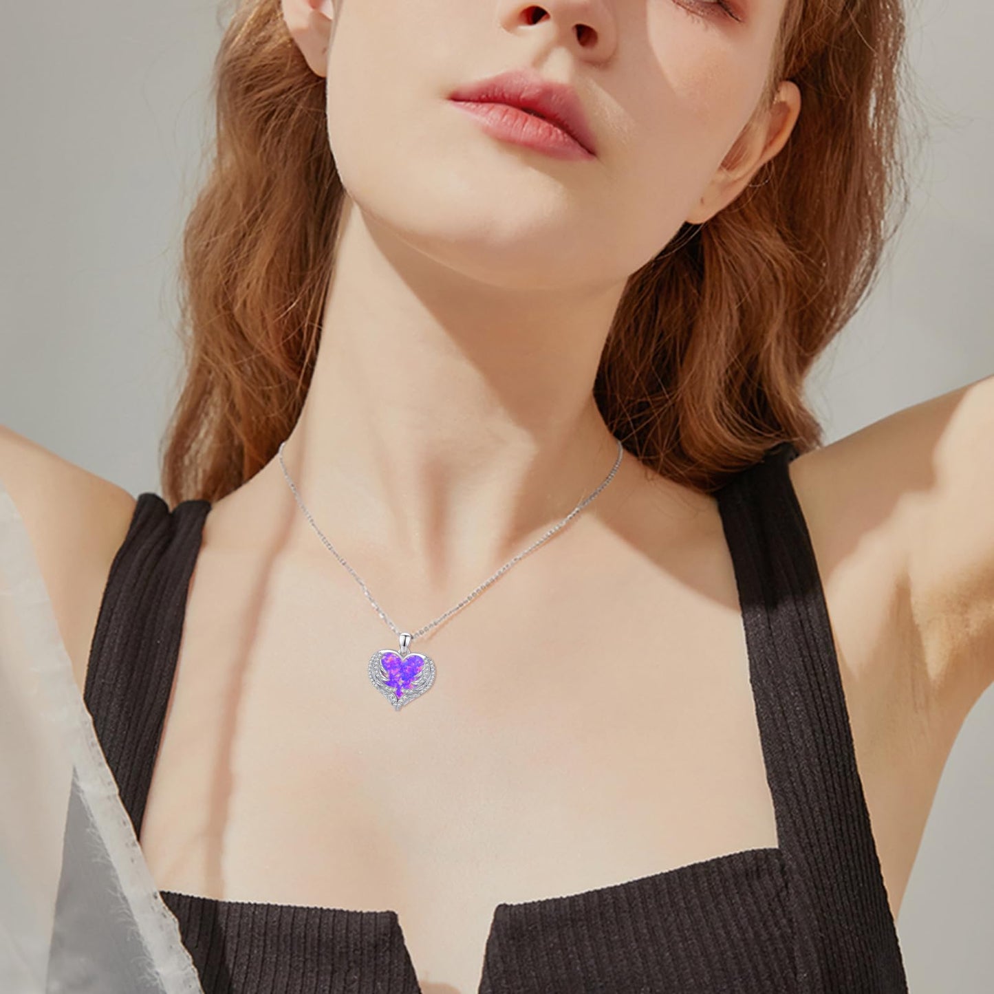 CUOKA MIRACLE Heart Necklace Angel Wing Heart Opal Necklace 925 Sterling Silver Women Necklace Guardian Angel Wings Pendant Necklace Dainty Opal Jewelry Birthday Gifts for Mom Women (Violet Opal Wings)