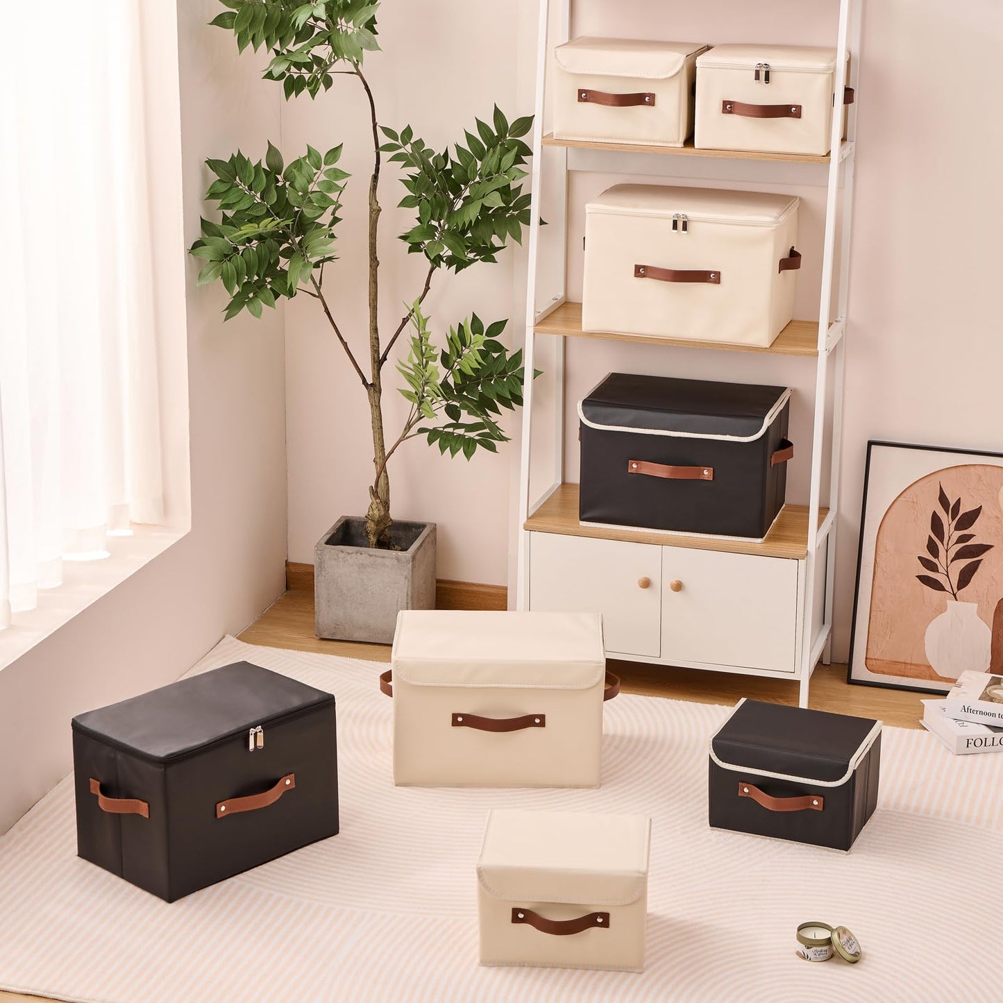 LOLUVIZCO 2PCS Storage Bins Box with Zippered Lid Decorative PU Leather Fabric Basket with Handles PP Plastic Board Foldable Washable Lidded Clothing Shelf Closet Organizer Container (Beige, Small)