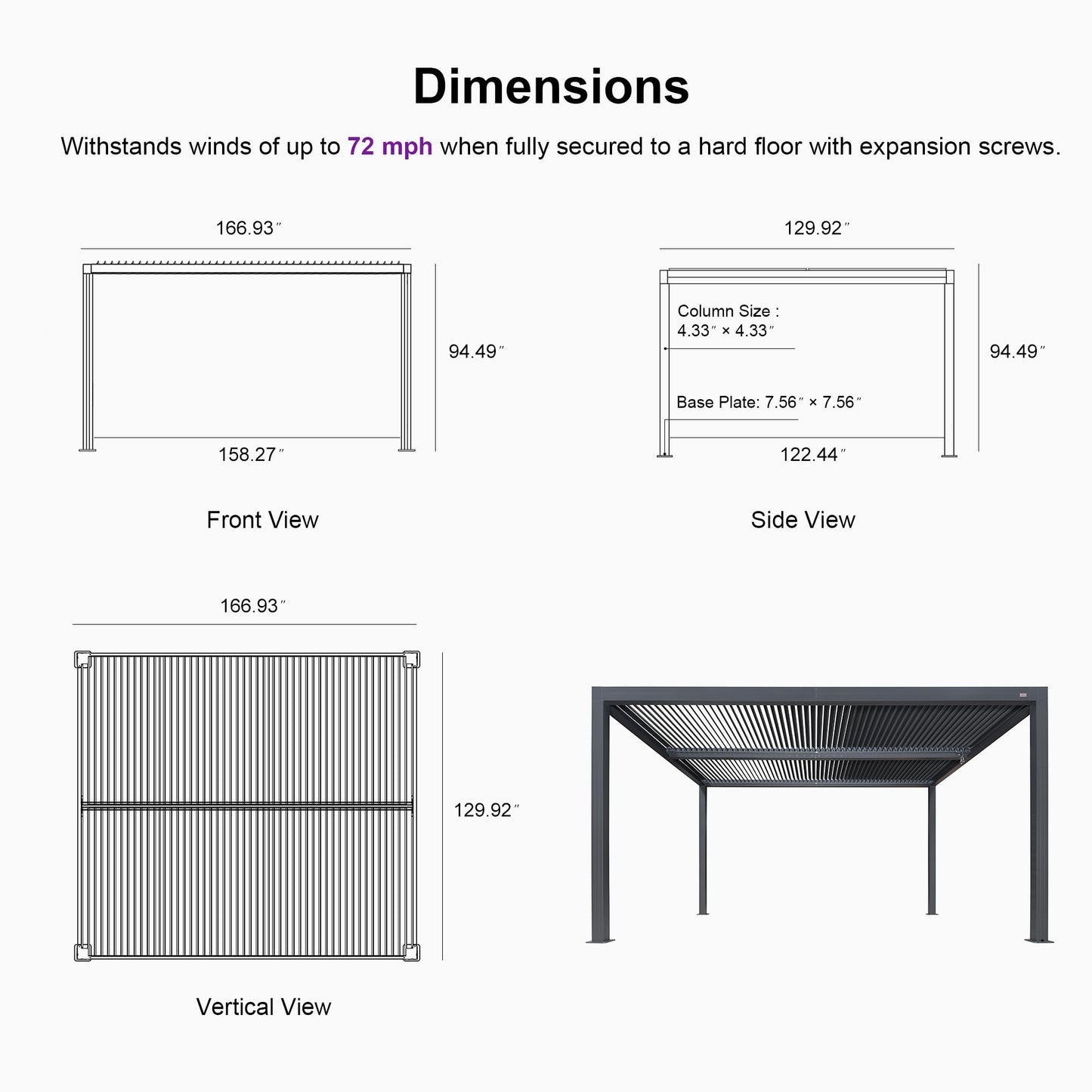 PURPLE LEAF Louvered Pergola 94AS 11' x 14' Outdoor Aluminum Pergola with Fixed Shutter Wall Adjustable Roof for Deck Backyard Grey Hardtop Gazebo, 1 Short Side