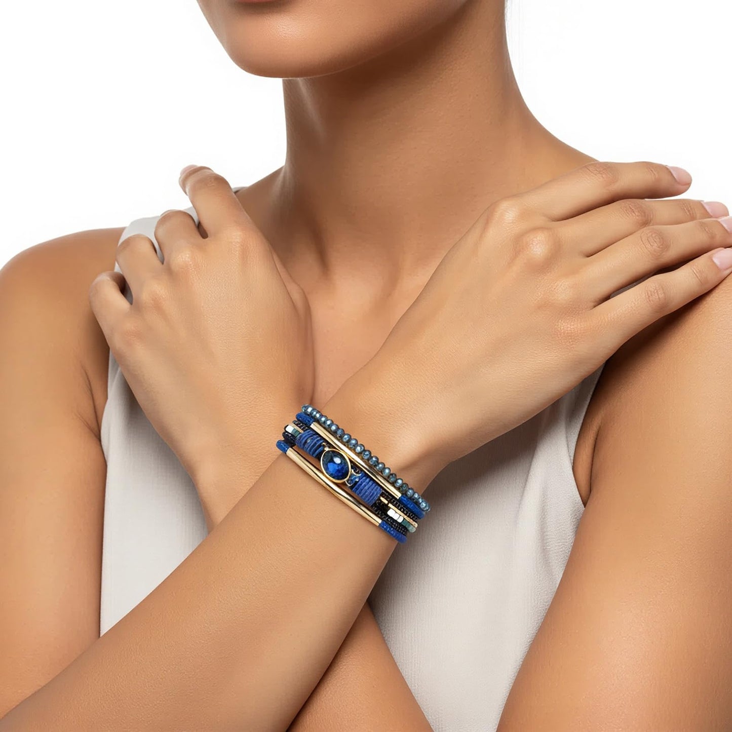 Edoneery Leather Wrap Bracelet for Women, Boho Handmade Multi-Layer Cuff with Crystal Beads Heart, Stackable Bangle Western Jewelry Gift(Crystal(Blue))