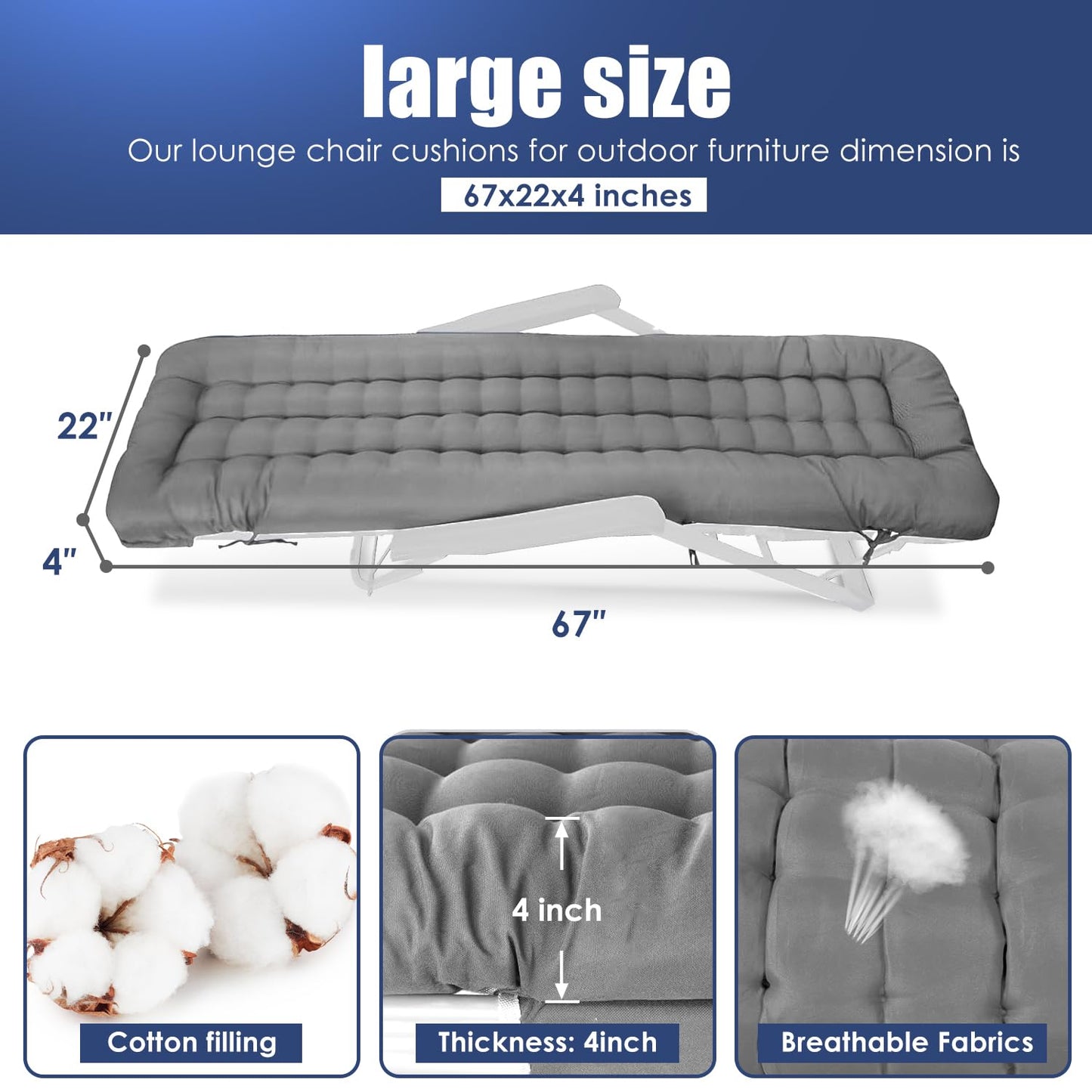 TeqHome Chaise Lounger Cushion 67x22in - Thick Padded Patio Furniture Cushions for Recliner, Rocking Chair & Deck Chair with Ties, Lounge Cushions for Outdoor & Indoor Furniture