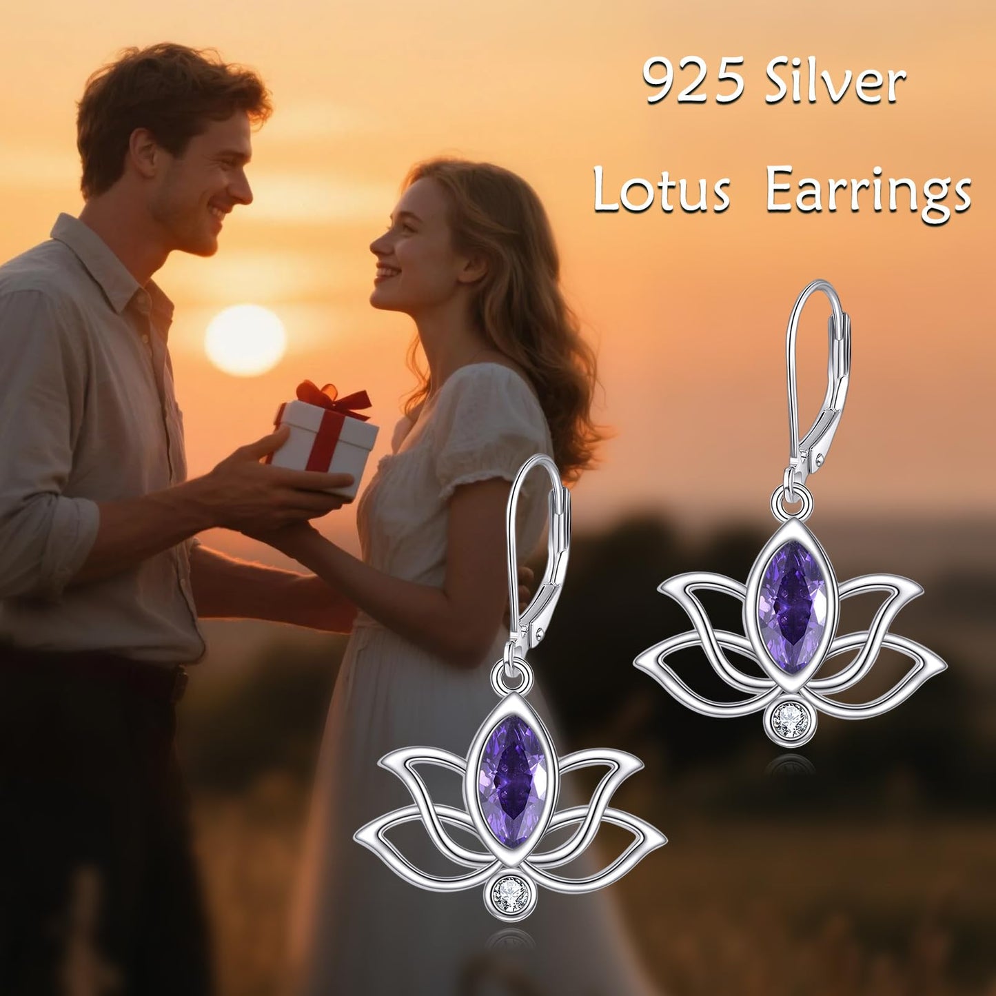YFN Lotus Flower Earrings Sterling Silver Birthstone Lotus Leverback Dangle Drop Earrings Jewelry Gifts for Women (B. Feb)