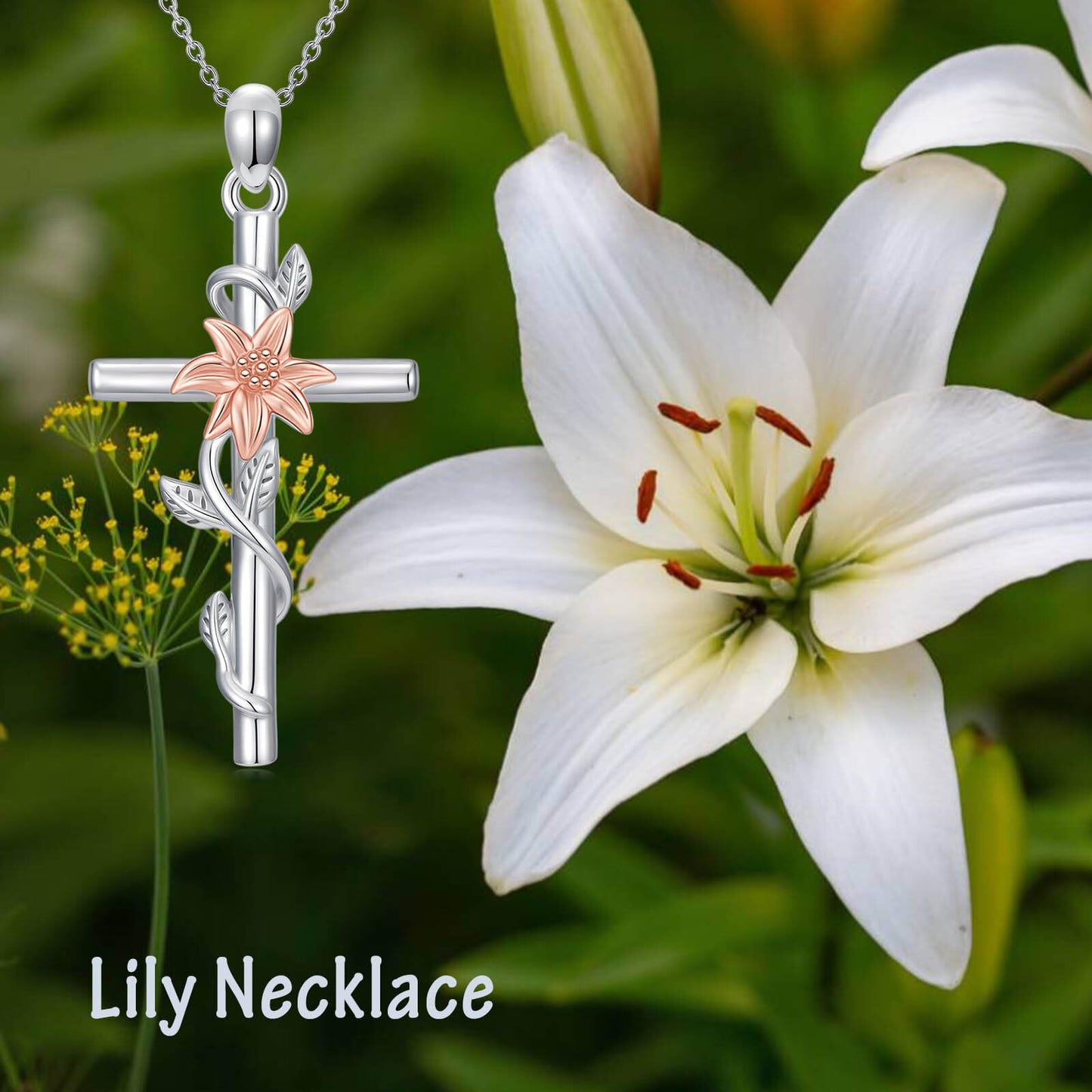 YYB Lily Cross Necklace for Women 925 Sterling Silver Lily Jewelry Dainty Silver Cross Necklace Christian Religious Gifts for Women Mothers Day Gifts