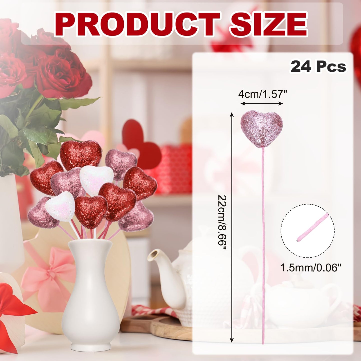 MECCANIXITY 24 Pcs Glitter Heart Shaped Picks Puffy Foam Hearts Floral Sparkly Stick for Valentine's Day Wedding Decorations Home Vase Supplies Flower Arrangements Crafts (Pink, 4cm x 22cm)