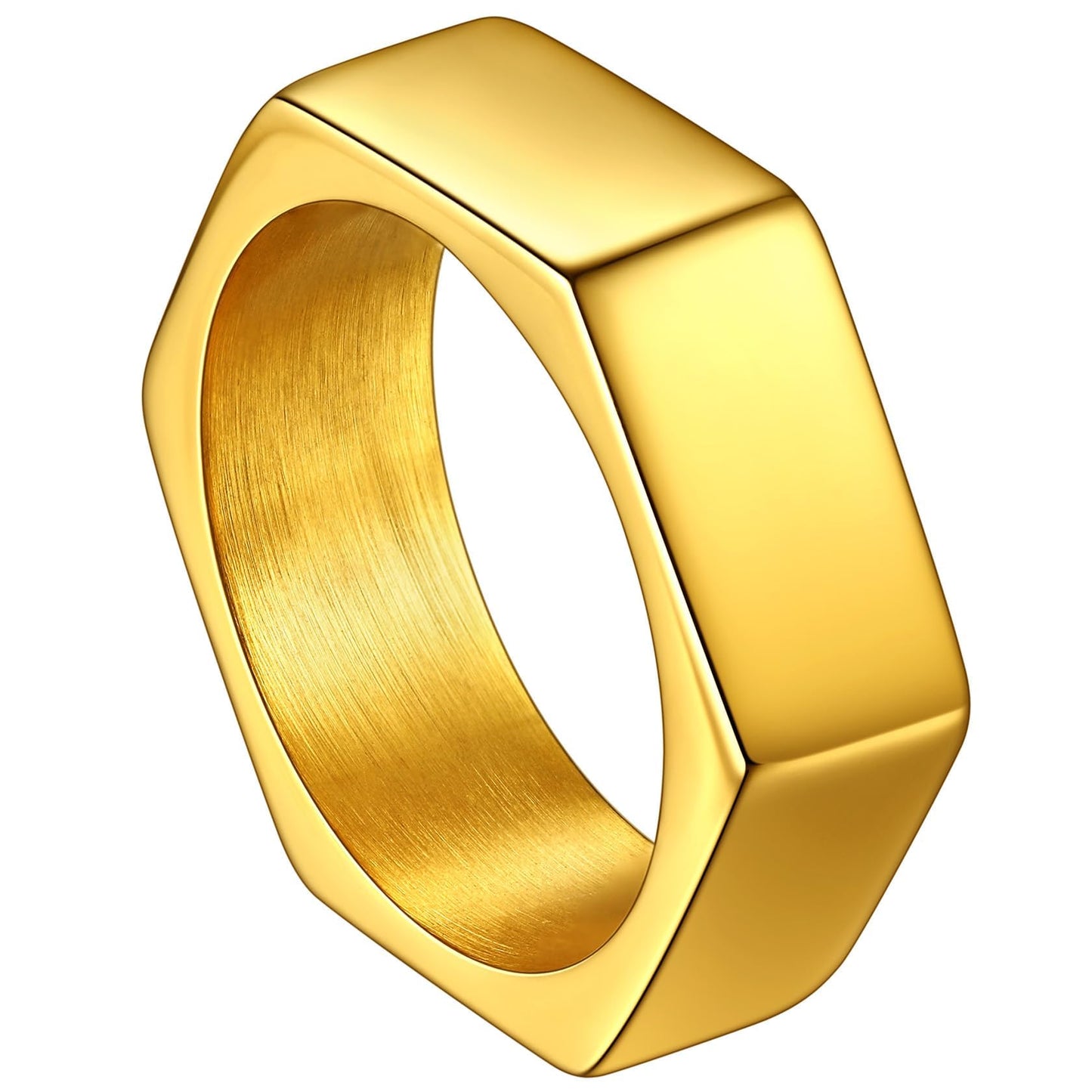 ChainsHouse Gold Hexagon Geometric Ring for Men Women, Cool Punk Hip Hop Biker Band Rings(Size 14)