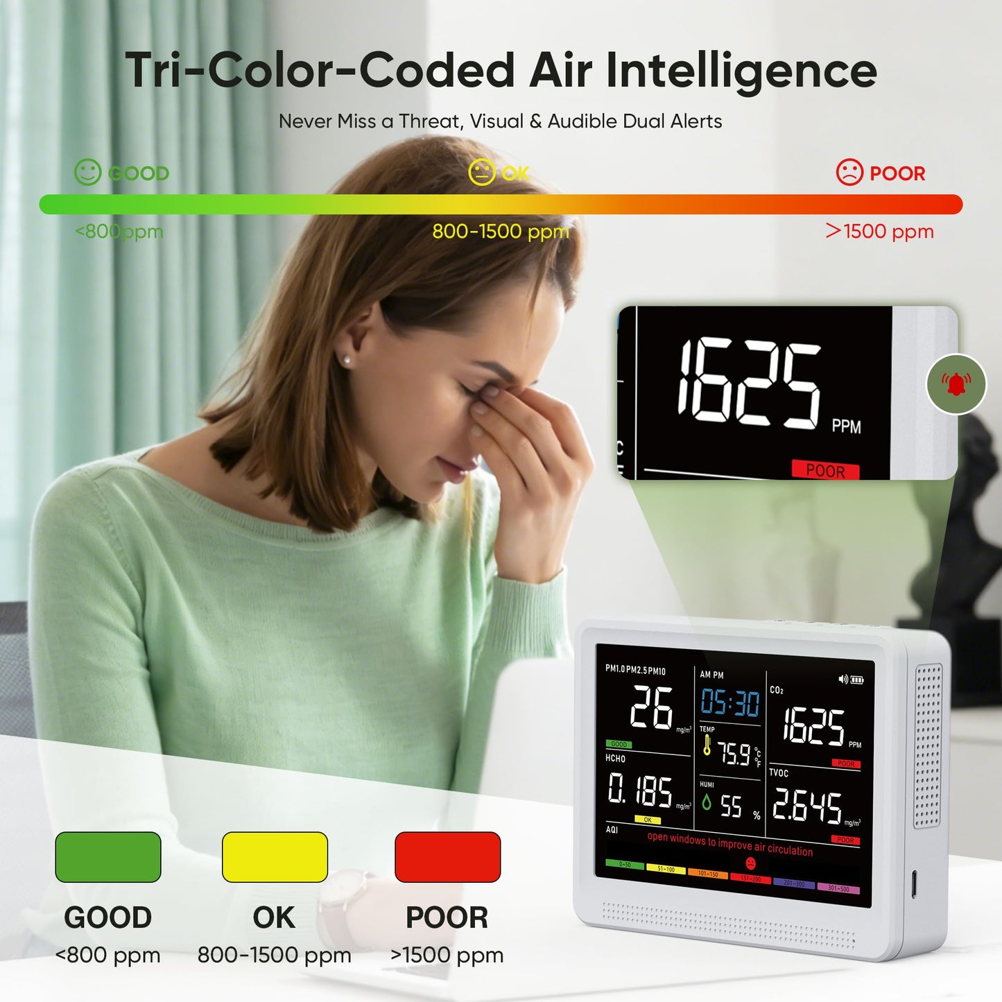 bonoch 16 in 1 Air Quality Monitor Indoor 10h-Battery & 5.5" Display 9 AQI+7 AQI Alerts, CO2 Monitor, Air Quality Tester for CO2, TVOC PM2.5 PM1.0 PM10 HCHO Temperature Humidity AQI & Time Air Meter