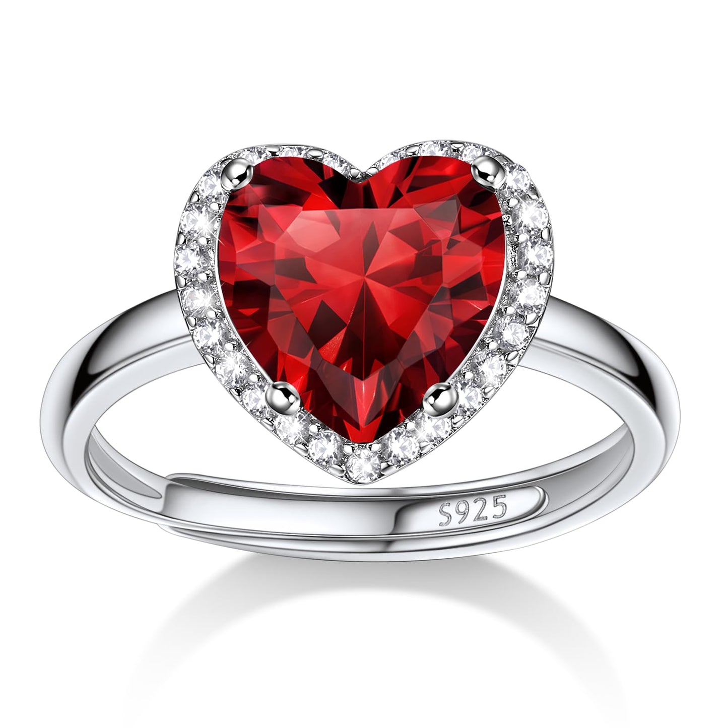 Bestyle 925 Sterling Silver Created Diamond Rings Heart Crytsal Rings for Women, 8mm January Granet Birthstone Gemstone Rings Illuminated by 1mm White Cubic Zirconia