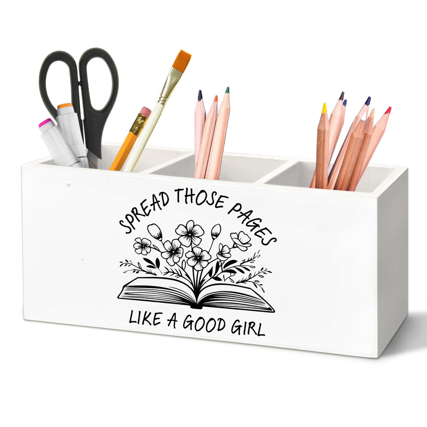 Beliran Book Lovers Gifts Pen Holder for Desk, Dark Romance Gifts Pencil Organizer, SpicyBook Lovers Gifts, Spread Those Pages Like A Good Girl Wooden Pen Holder Desk Accessories Decor for Home Office