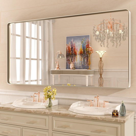 WEER 60X30 Inch Brushed Nickel Bathroom Mirror, Brushed Silver Metal Frame Mirror, Rounded Rectangle Silver Bathroom Vanity Mirror, Tempered Glass, Anti-Rust, Hangs Horizontally or Vertically