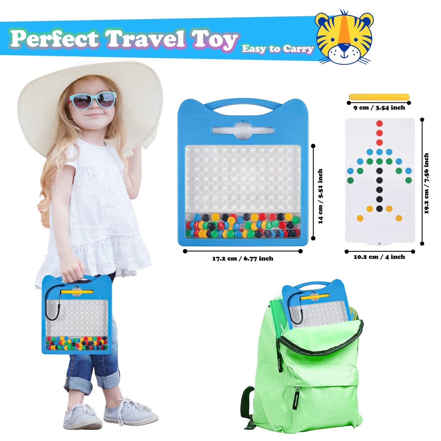Svance Magnetic Drawing Board for Kids, Toddler Magnet Doodle Board with Beads and 2 Pens, Magnetic Dot Art Toys, Airplane Car Travel Activities (Blue Cat)