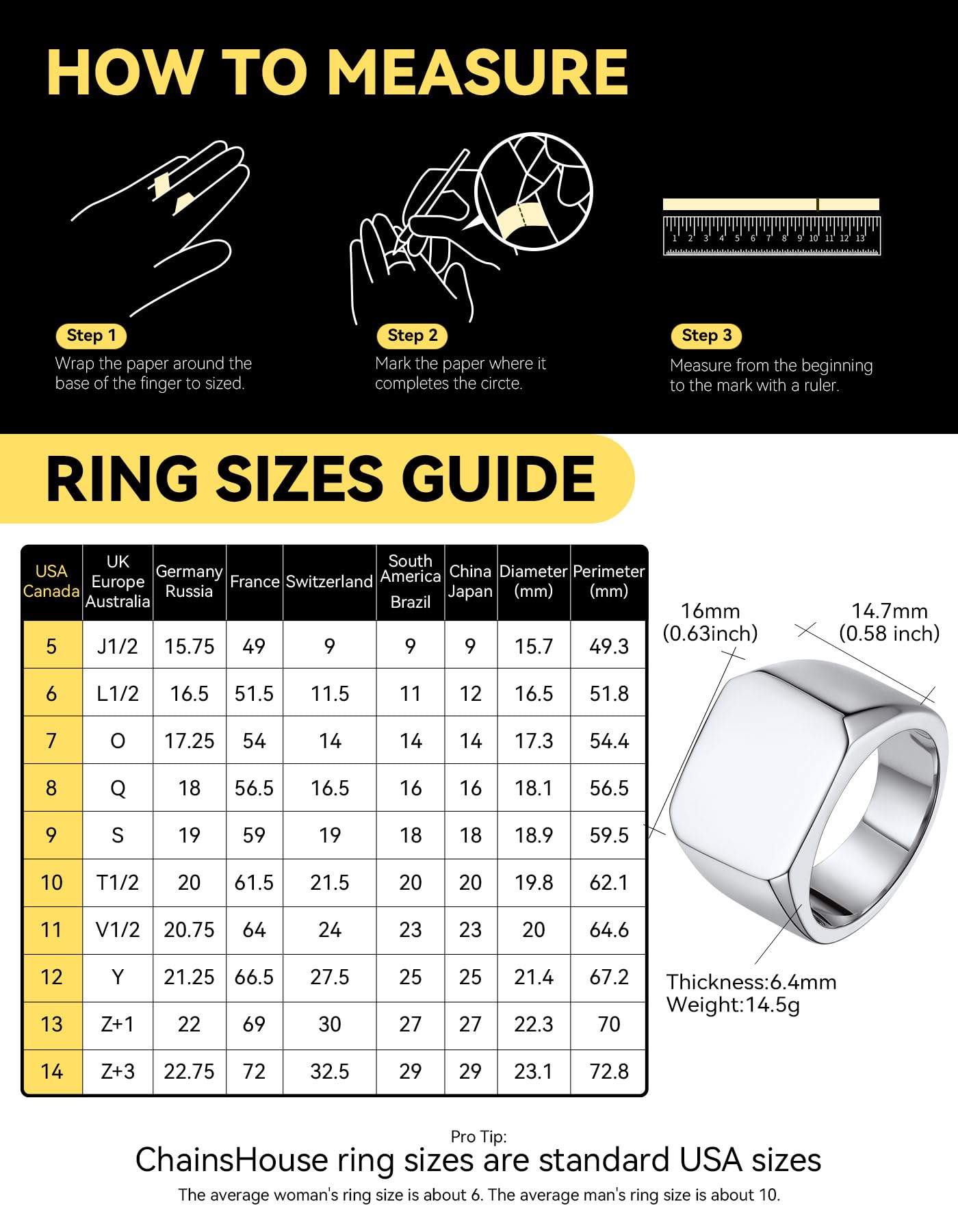 ChainsHouse Signet Rings Stainless Steel Biker Ring for Men Women, Solid Polished Statement Hip Hop Thumb Ring, Gift for Dad, Size 7