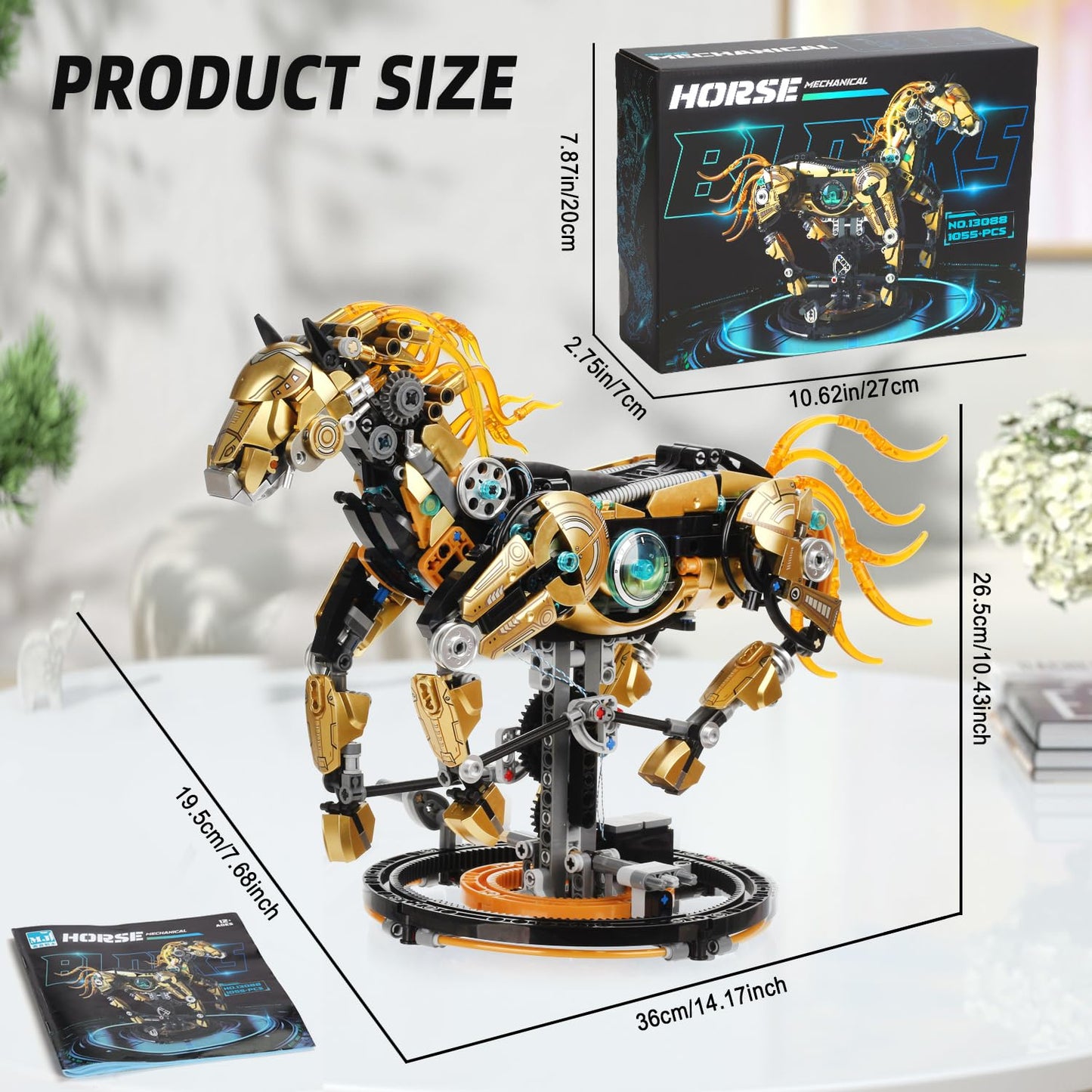funxinee Mechanical Horse Building Blocks Linkage Kit, Animal World Model with Lighting & Display Stand, STEM Toy DIY Desktop Ornament for Boys Ages 12+, Adult Collectors, Unique Birthday Gift Idea