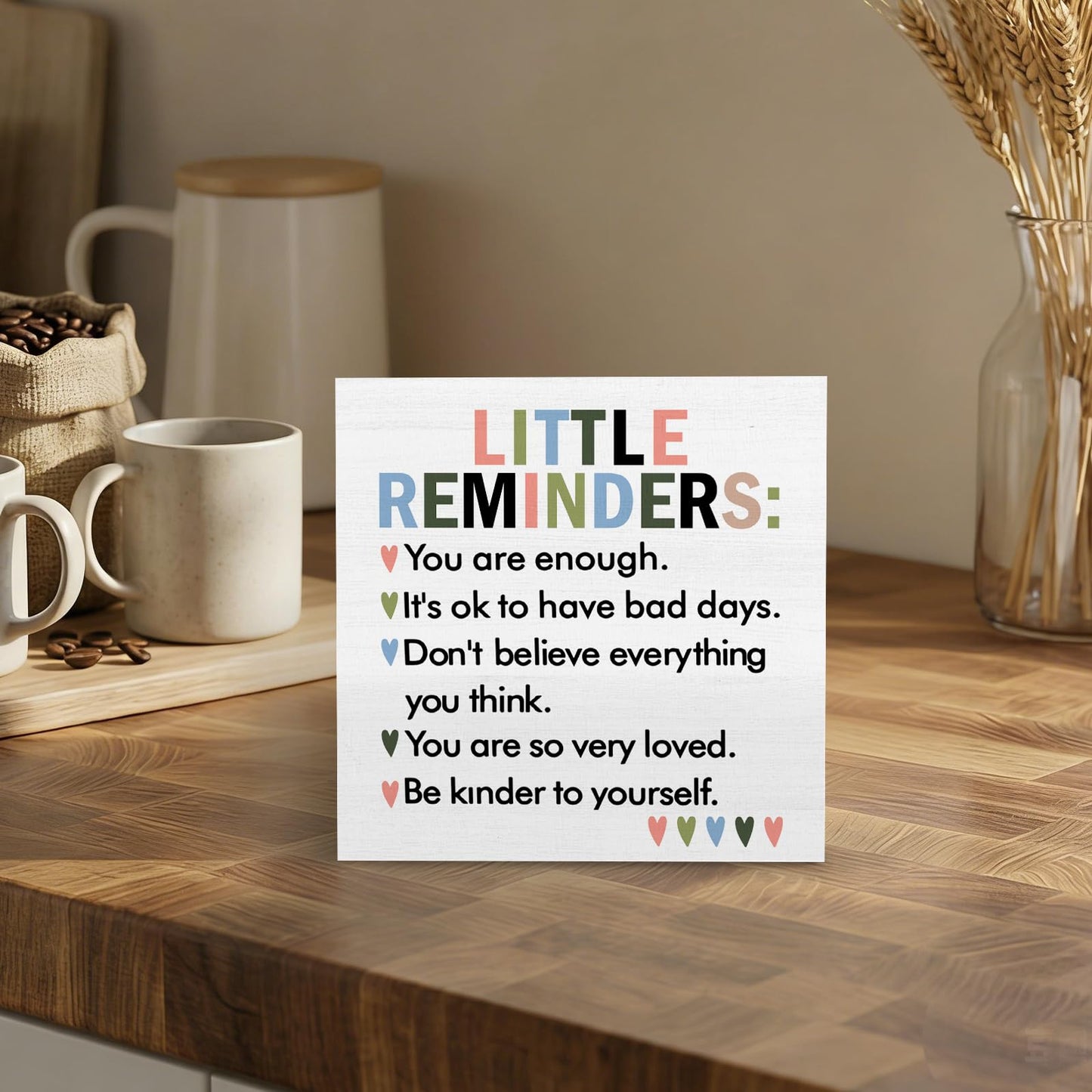 GWOKPAAI Mental Health Wooden Box Signs Desk Decor, Inspirational Desk Decor, Little Reminders Motivational Wooden Signs Desk Decorations for Therapy School Counselor Office Tabletop Shelf Wall, 5x5in