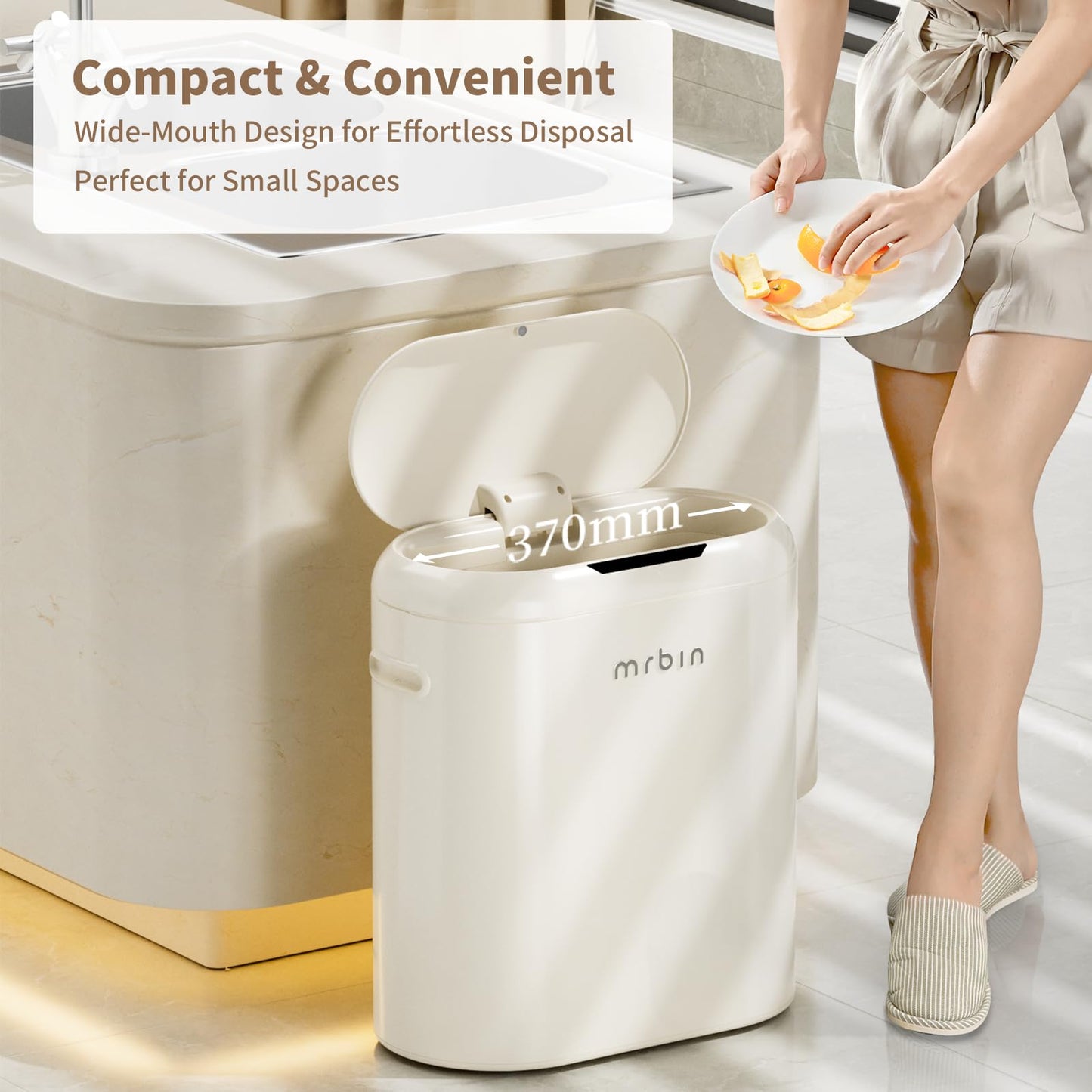 MRBIN Metal Kitchen Motion Sensor Trash Can with Lid, 10.5 Gallon Slim Automatic Waste Basket Touchless, Medium Commercial Covered Garbage Pail for Narrow Office, Bathroom, Dorm, Cream White