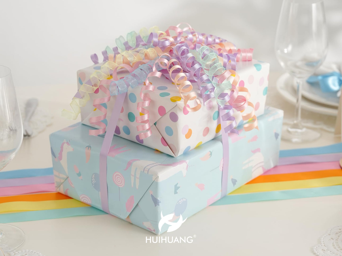 HUIHUANG Pastel Bows for Gift Wrapping 7" Pastel Rainbow Curly Gift Bow Self Adhesive & Twist Tie Ribbon Bows for Presents Gifts Easter Baskets Baby Shower Party Favors- 6 Counts