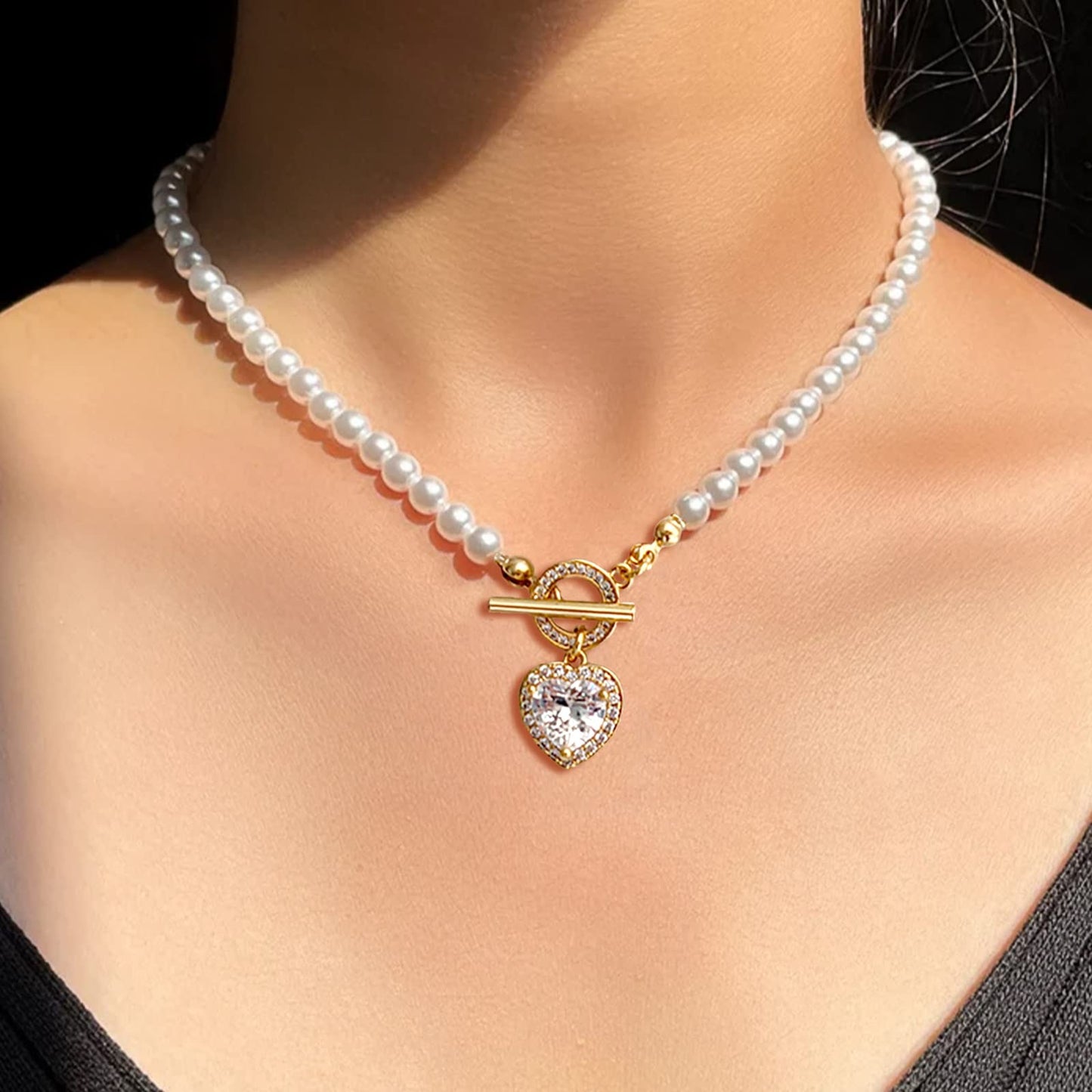Luxval Pearl Necklaces Choker for Women,CZ Heart Pendant Cream White Pearl Jewelry, Pearl Necklace with Charm Dainty Toggle Clasp Crystal Necklace for Women Jewelry Gifts