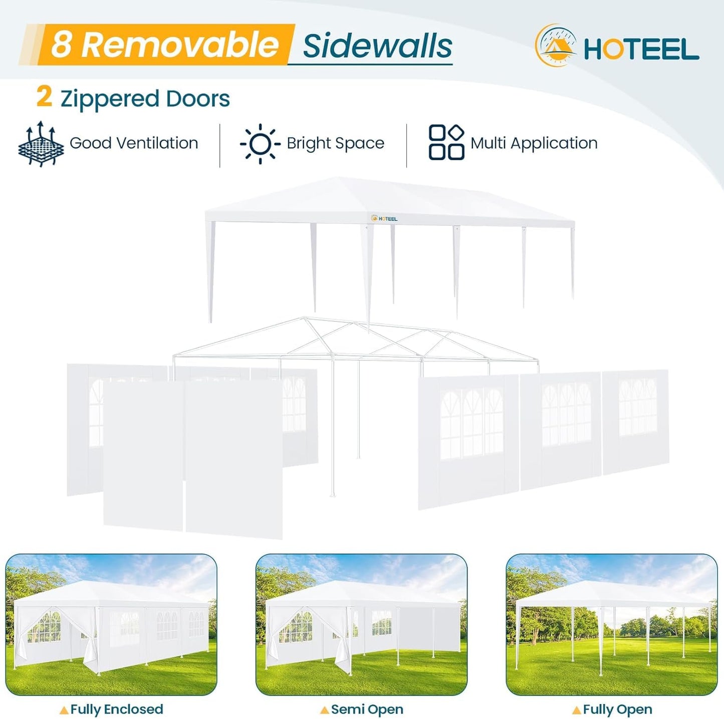 HOTEEL 10x30FR Party Tent 300 Sq Ft Outdoor Canopy with 8 Removable Sidewalls, 2 Zipper Doors, 16 Ropes and 36 Stakes, Carpas para Fiestas for Baby Shower BBQ Wedding Backyard Event, White