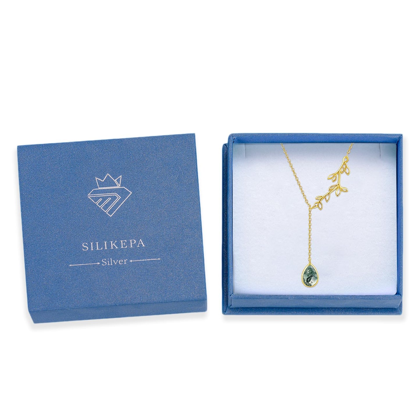 Silikepa Leaf Necklace for Women 925 Sterling Silver Gold Leaf Pendant Necklace Y Chain with Moss Agate Jewelry Gifts for Women