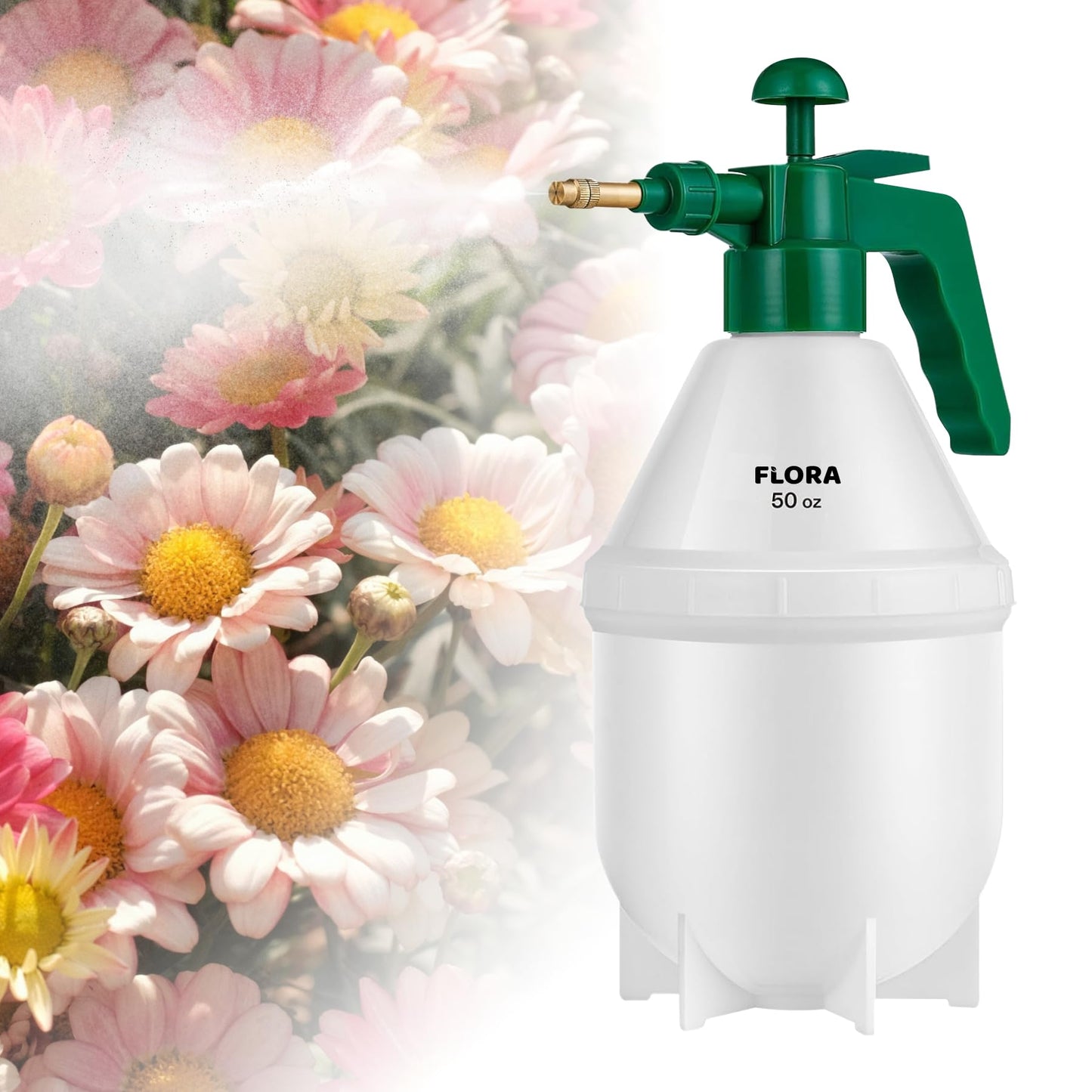 Flora Handheld Garden Pump Sprayer, 0.4 Gallon (50 oz/1.5L) Pressure Water Bottle with Adjustable Brass Nozzle, for Plants, Lawn, and Cleaning (Green) or (Red)