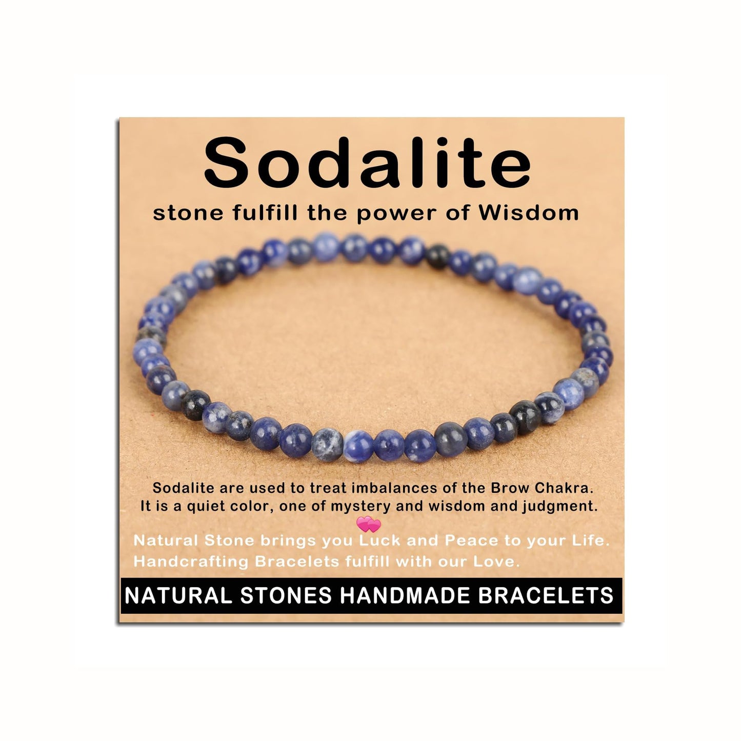 AD Beads Handmade Gemstone Stretch Elastic Bracelet Crystal Healing Reiki Nature's Beauty and Spiritual Essence Unisex (4mm, Blue Sodalite)