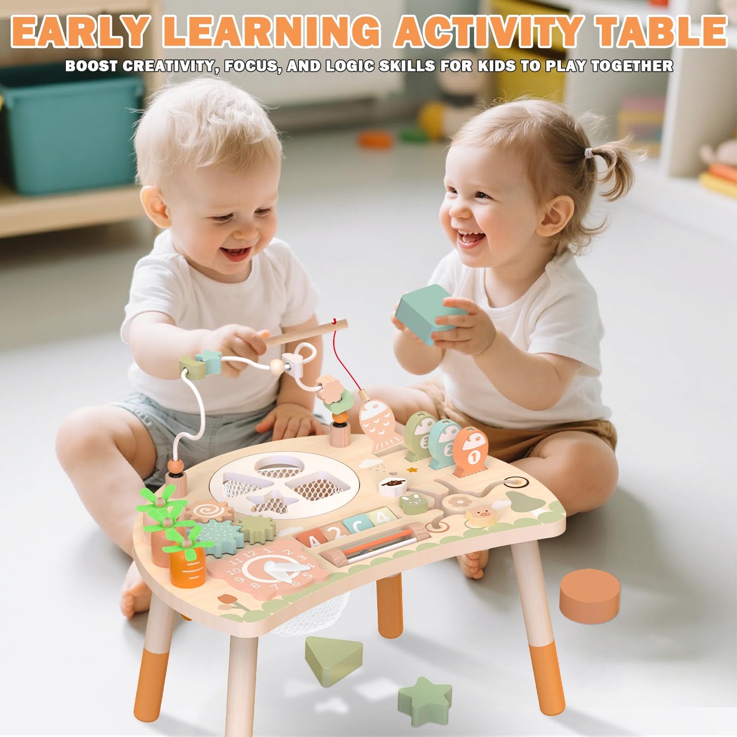 Weilim Activity Table, 9-in-1 Wooden Montessori Toy Activity Center with Shape Sorter Fishing Game Bead Maze, Baby Play Table Sensory Educational Toys for Toddler