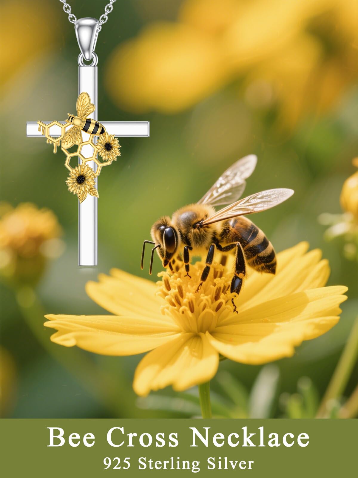Flpruy Bumble Bee Cross Necklace 925 Sterling Silver Honeycomb Bee Jewelry Gifts for Women