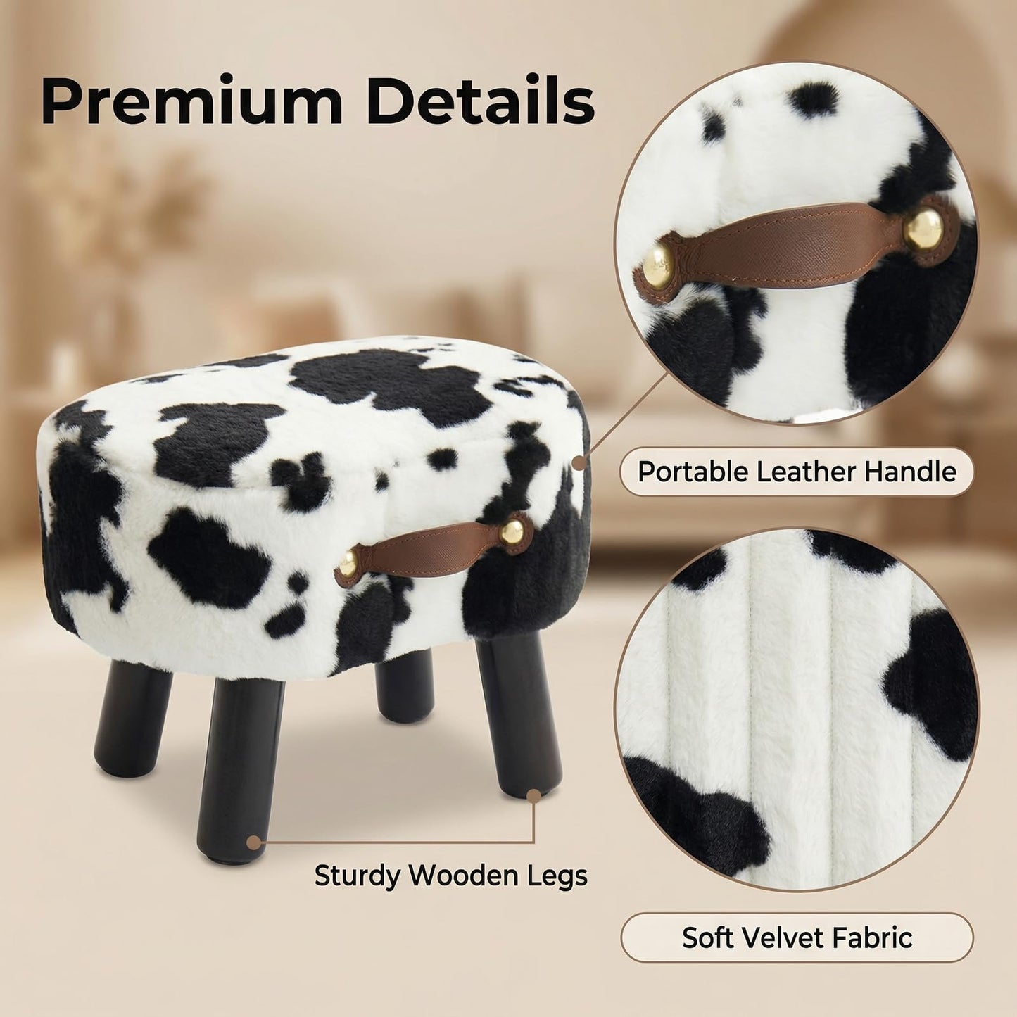 Leesingdo Small Footstool with Handle, Faux Fur Ottoman Foot Rest with Padded Seat, Curved Foot Stool with Wooden Legs, Portable Foot Rest for Living Room, Bedroom, Entryway, Cow