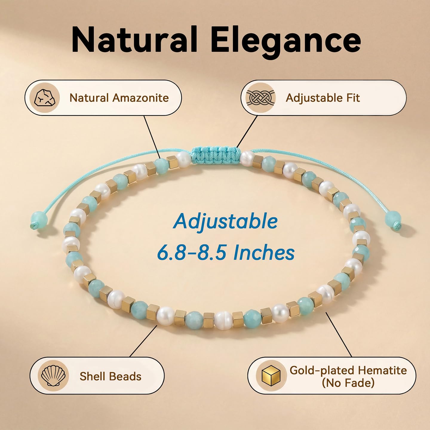 BEADSENER Green Amazonite Adjustable Charming Bracelet for Women, 3mm Natural Shell Gemstone Hematite Stone Beads, Pull String Slider Metal Free Design Waterproof, Gift for Her Daily Wear