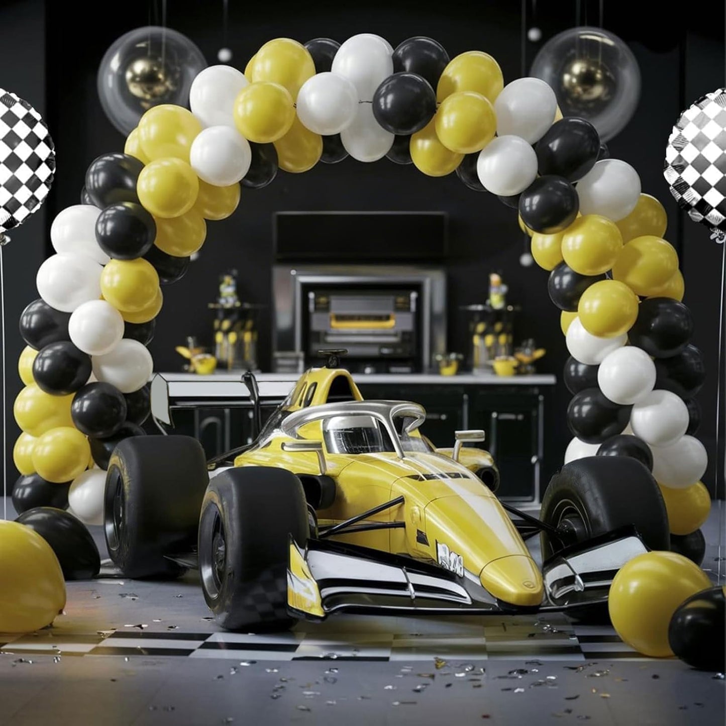 Black White Yellow Balloon Arch Kit,Balloons Garland Kit with Black White Checkered Star Balloons for Boys 1st Birthday Party Decorations