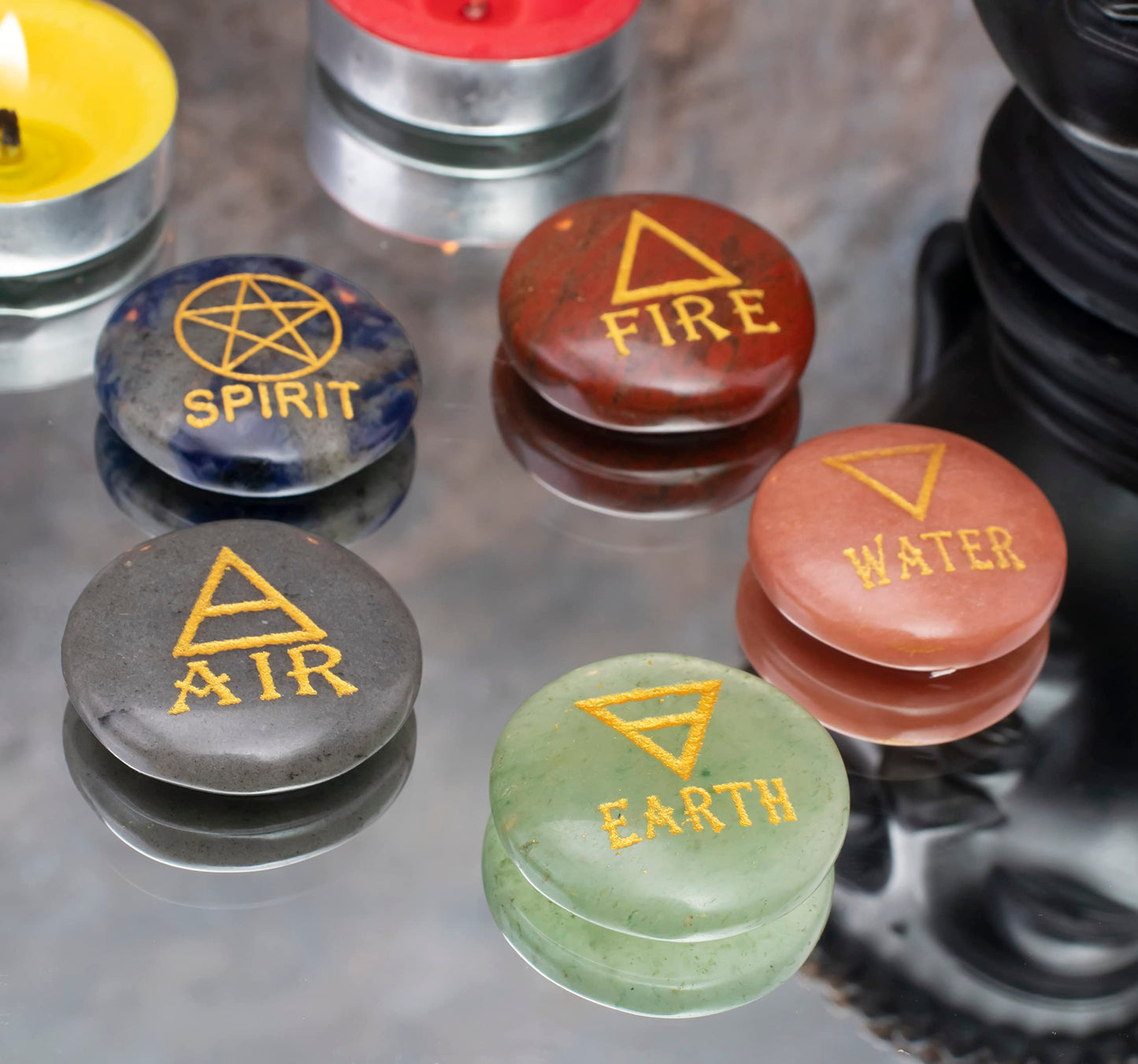 Crocon 5 Elements Assorted Stones Round Shape Engraved Triangle Symbols (Earth Air Fire Water Spirit) Polished Palm Stones for Gemstone Reiki Crystals Healing Stones Meditation Divination Gifts